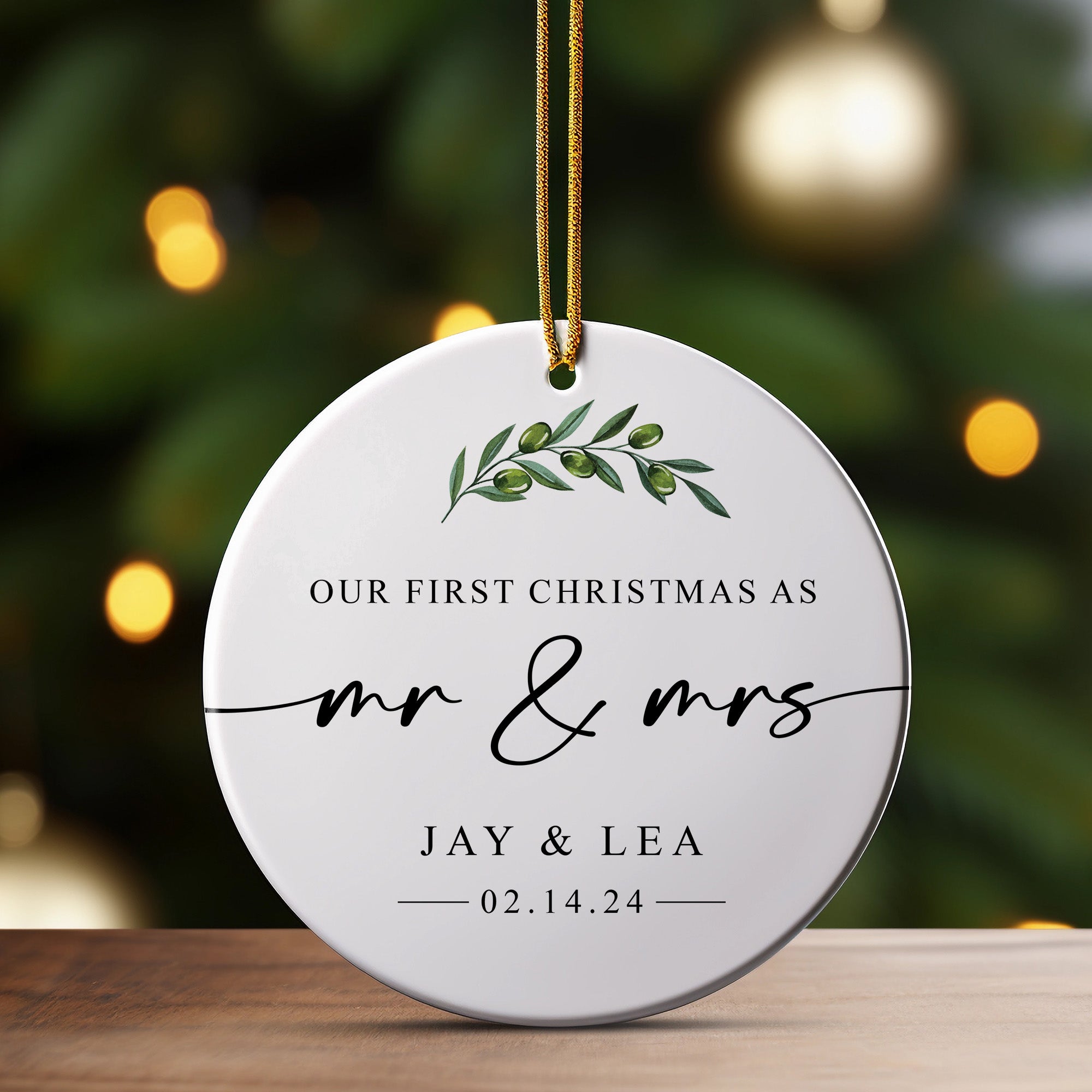 Personalized First Christmas as Mr. & Mrs. Ceramic Ornament - Elegant Handcrafted Design with Custom Names and Date - Image 3