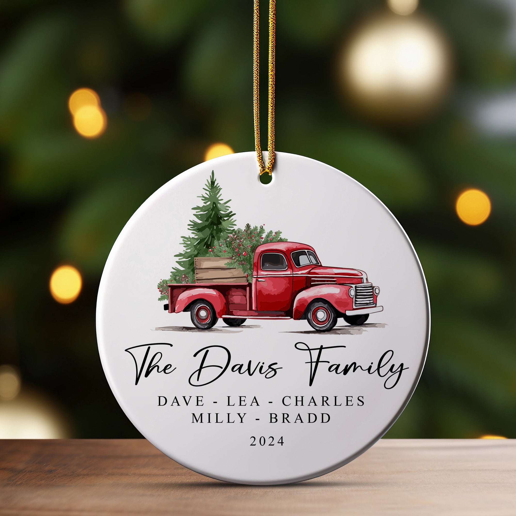 Personalized Family Red Vintage Truck Ceramic Ornament – Custom Christmas Keepsake with Elegant Script - Image 3