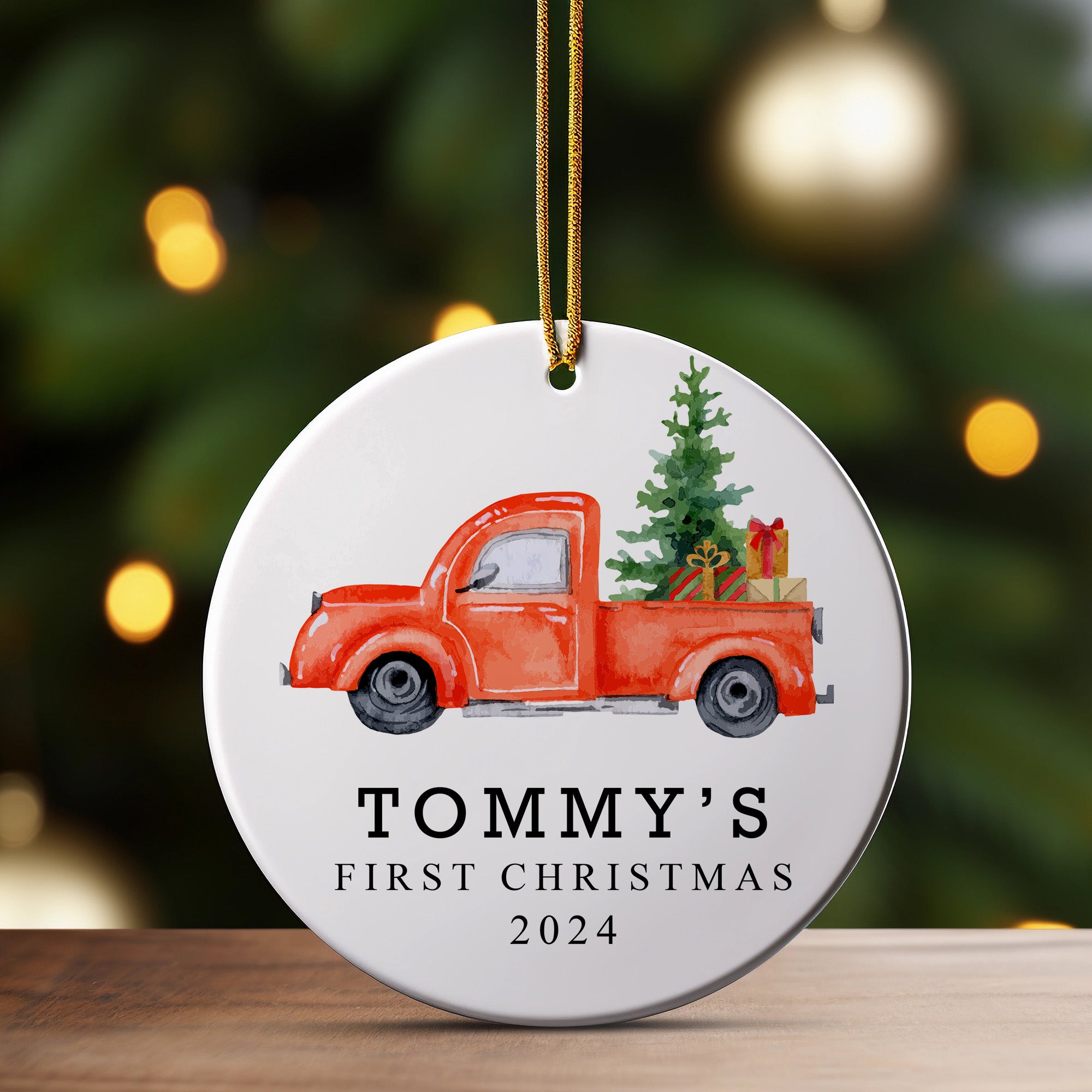 Personalized Baby's First Christmas 2024 Ceramic Ornament with Vintage Red Truck Design - Image 3
