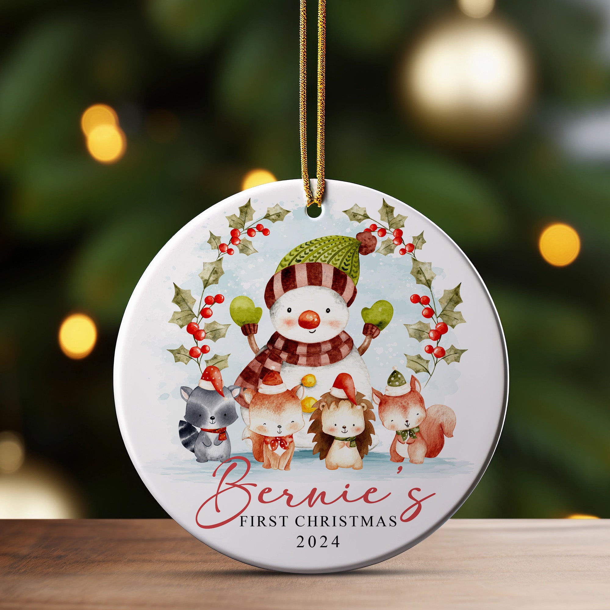 Personalized 2024 Ceramic Ornament - "Bernie's First Christmas" with Cute Woodland Animals and Snowman Design - Image 3