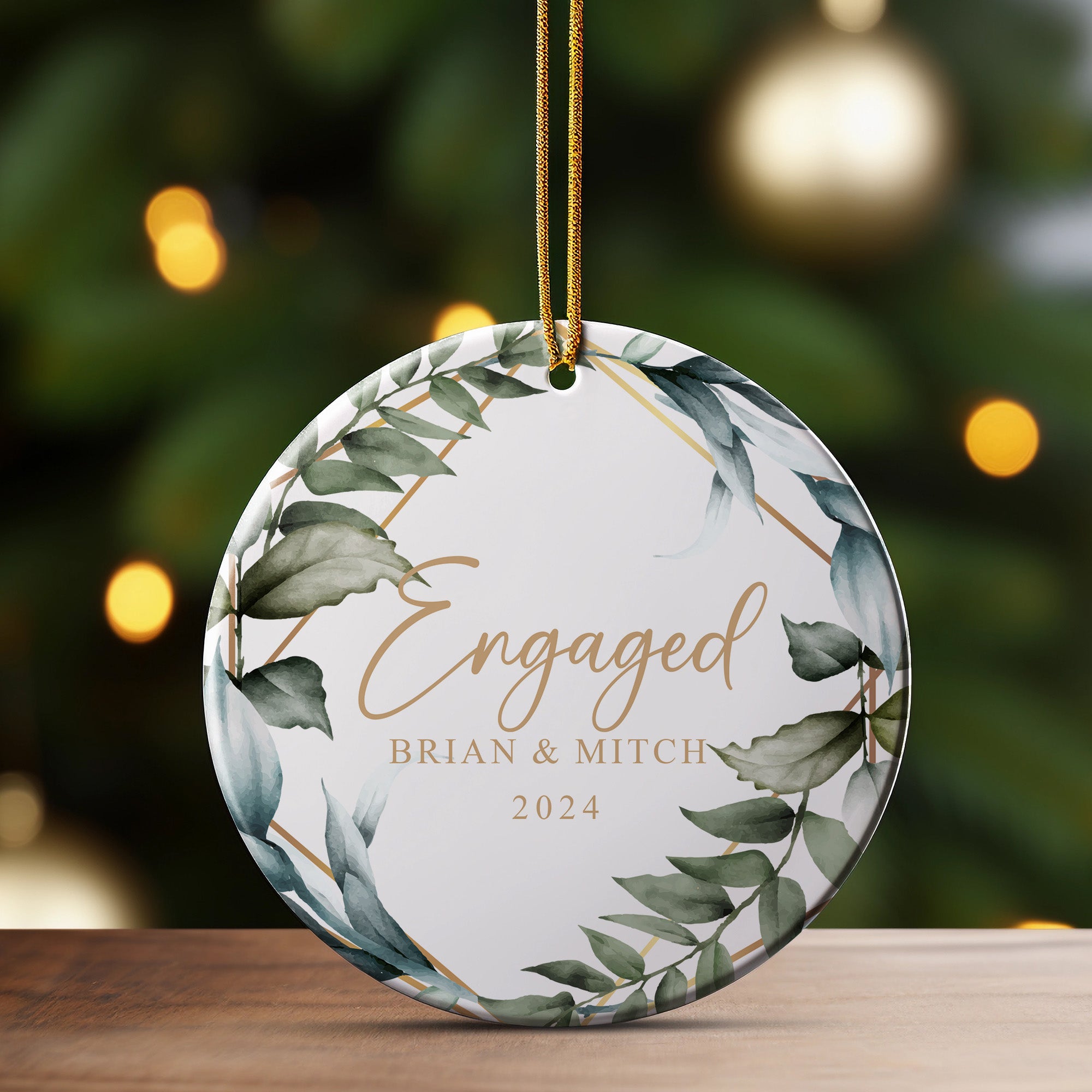 Personalized Engagement Ceramic Ornament - Elegant Greenery Design - Perfect Gift for Couples - Celebrate Love in 2024 - Image 3