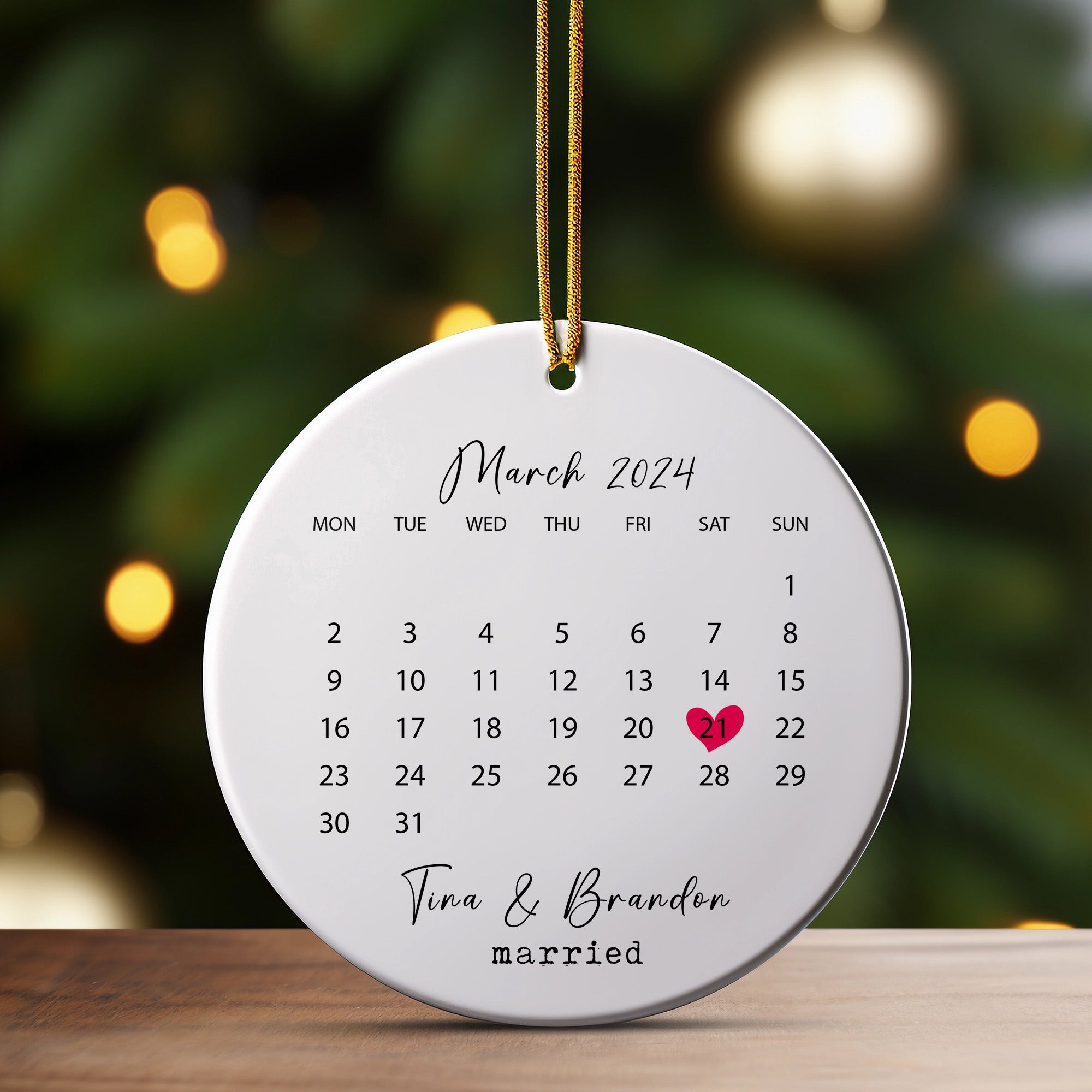 Personalized Ceramic Wedding Date Ornament - Custom Calendar Design with Gold Hanging Cord – Perfect Marriage Keepsake Gift - Image 3
