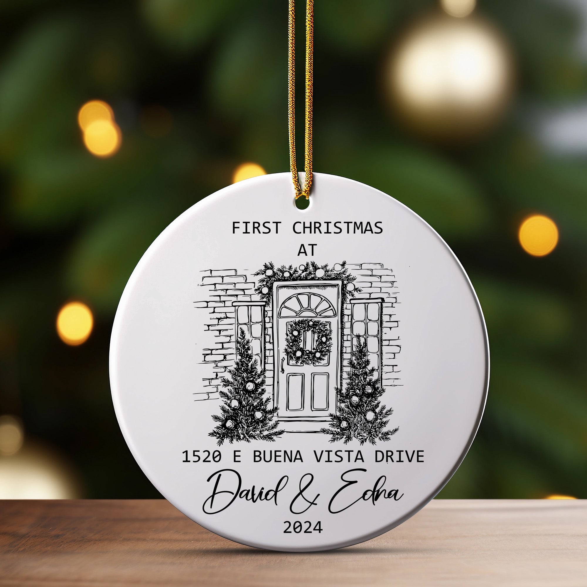 Personalized First Christmas Ceramic Ornament with Hand Drawn Home Design – Custom Address and Names for a Memorable Holiday - Image 3