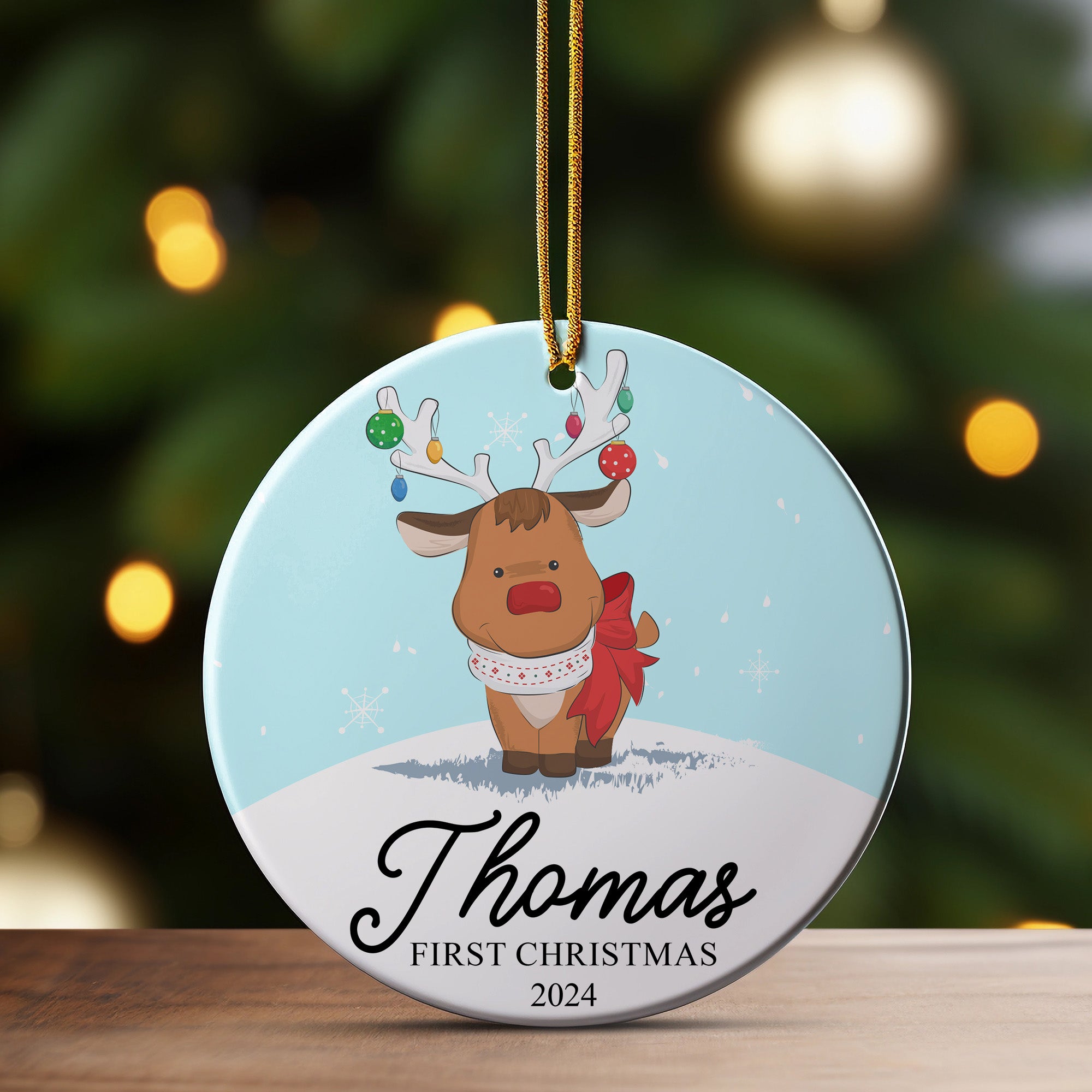Personalized Baby's First Christmas 2024 Ceramic Ornament - Cute Reindeer Design with Custom Name - Image 3