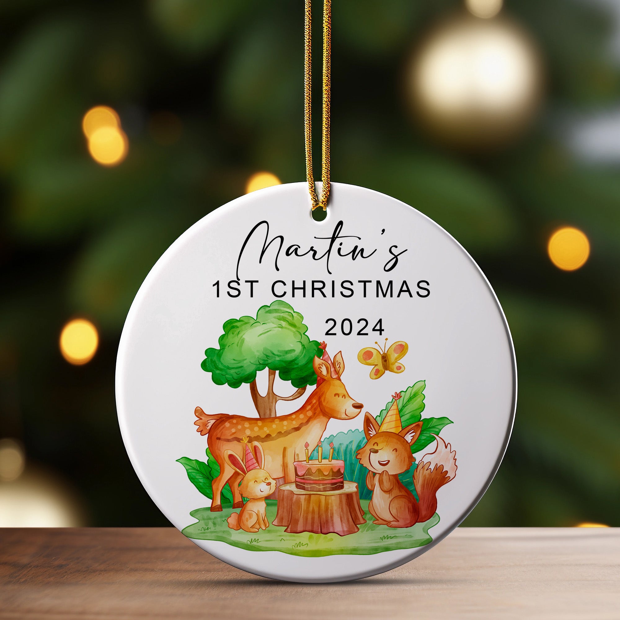 Personalized Baby's First Christmas Ceramic Ornament - Custom Name & Year - Handcrafted Woodland Design Keepsake for 2024 - Image 3