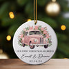 Personalized "Our First Christmas Married" Ceramic Ornament - Vintage Car Design for Newlyweds, Custom Date & Names - Image 3