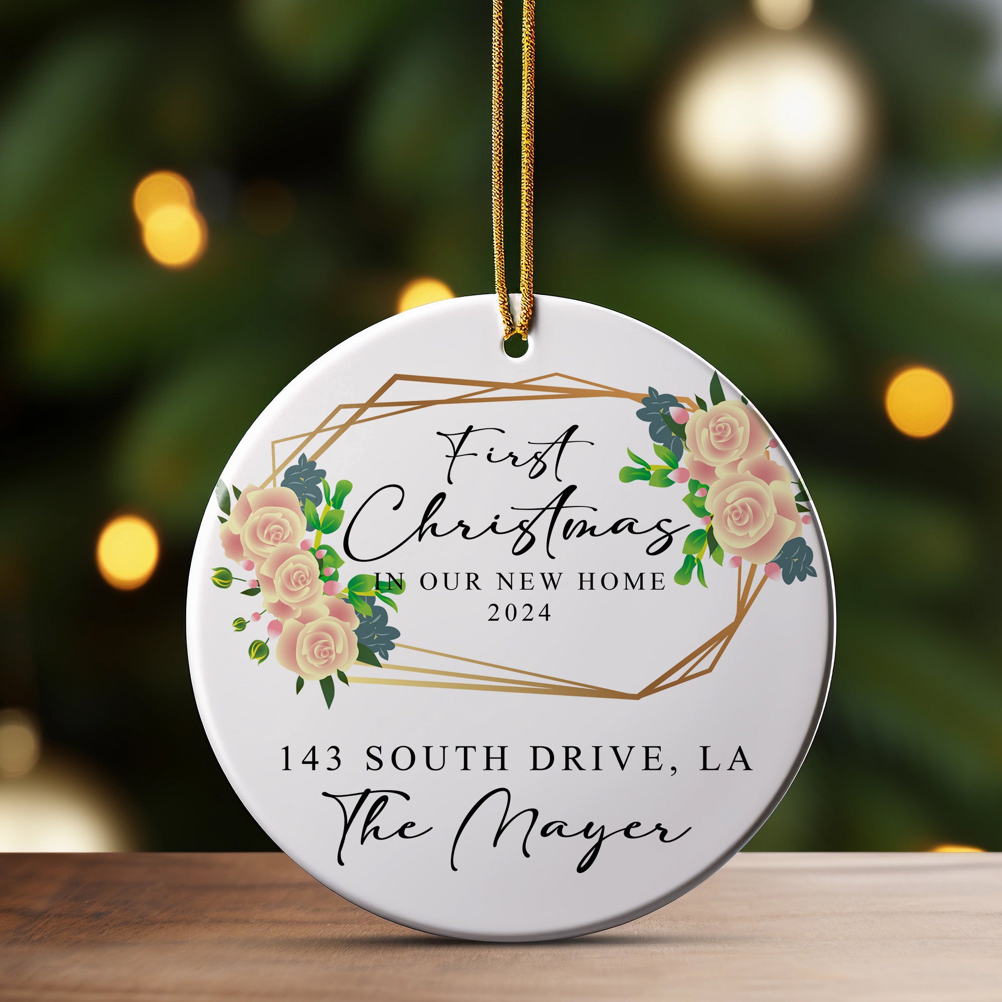 Personalized First Christmas in New Home 2024 Ceramic Ornament – Handcrafted Keepsake with Elegant Floral Design - Image 3