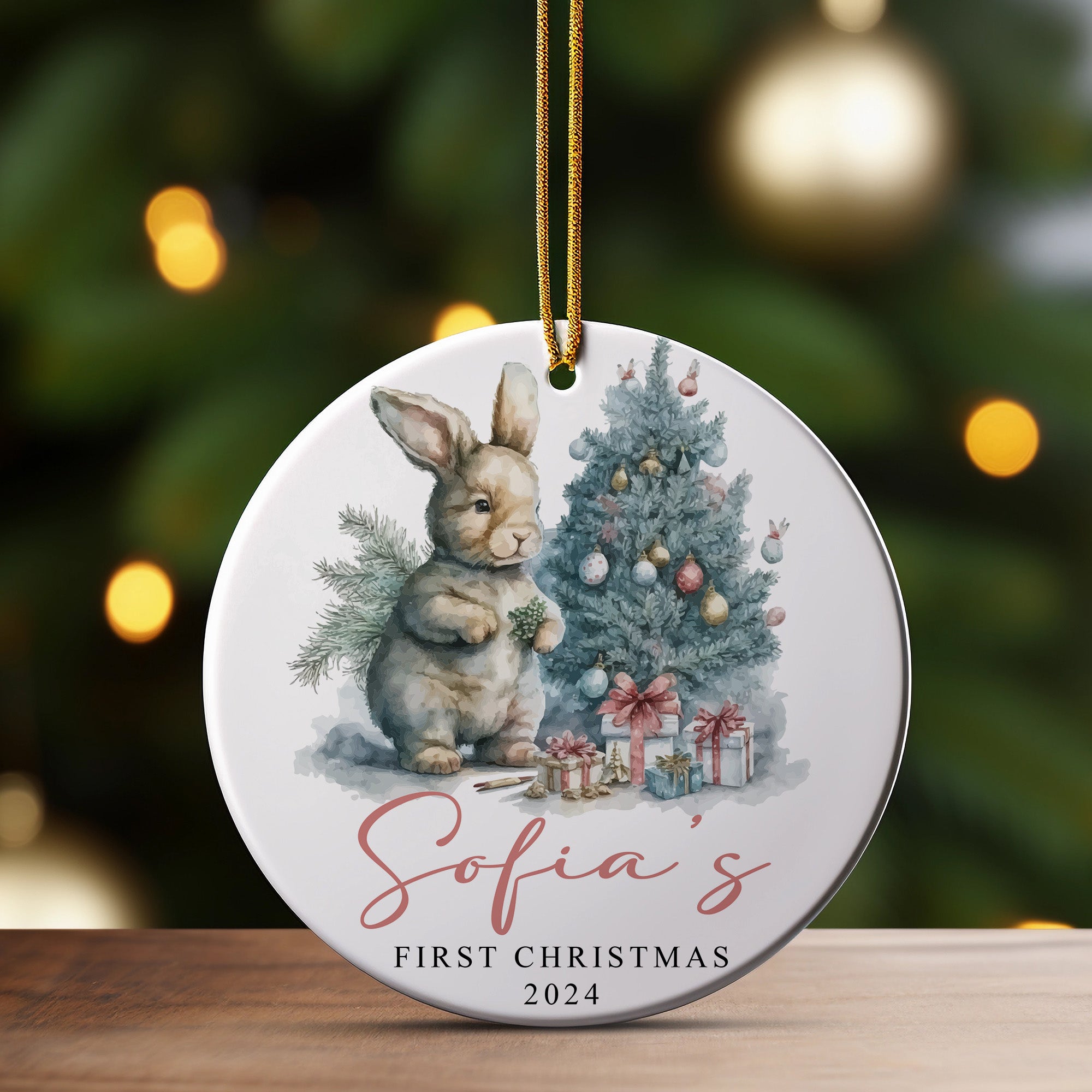 Personalized Baby's First Christmas Ceramic Ornament 2024 - Custom Name Keepsake with Adorable Bunny Design - Image 3