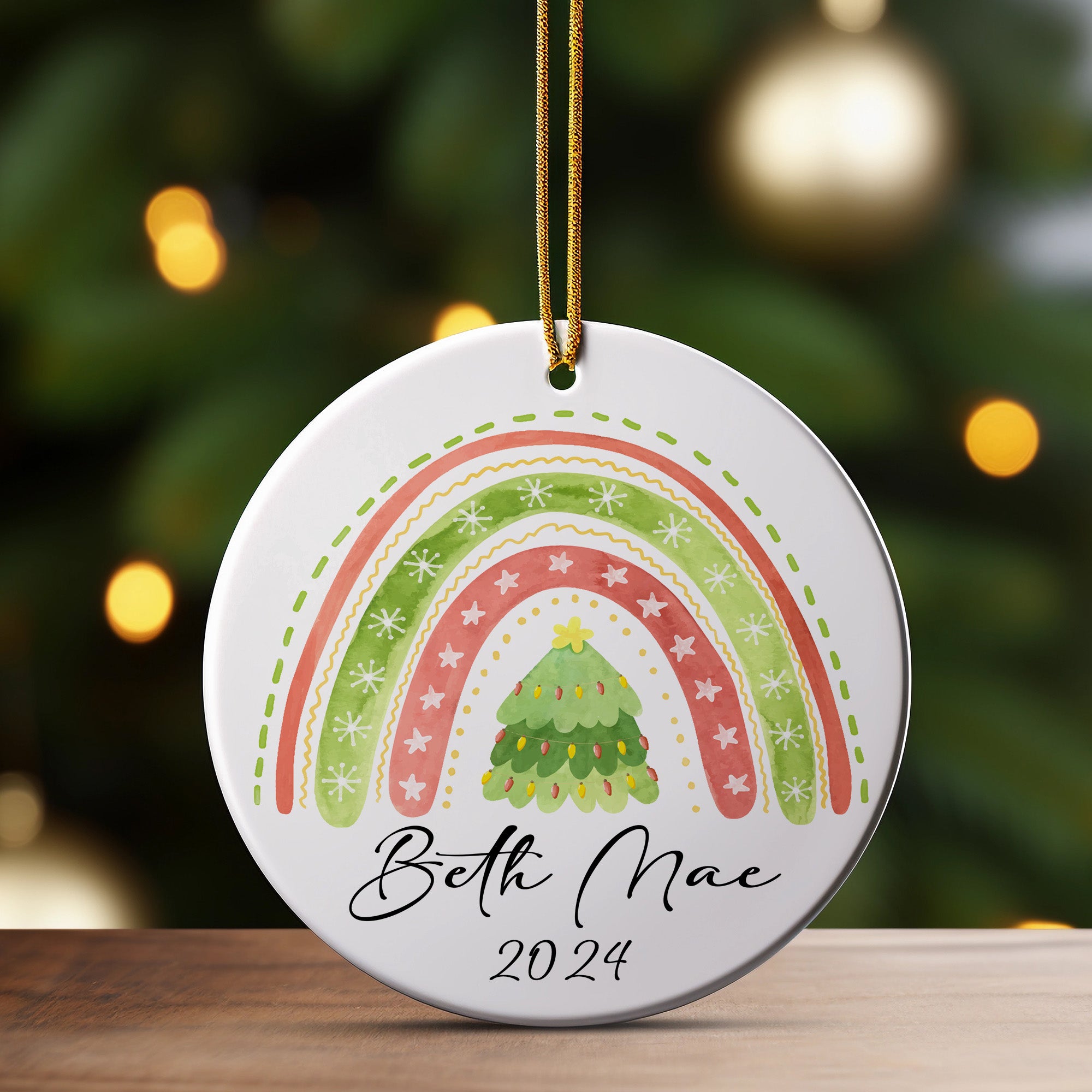Personalized Christmas Ceramic Ornament with Hand-Painted Rainbow and Tree Design - Custom Name & Year - Perfect Holiday Gift - Image 3