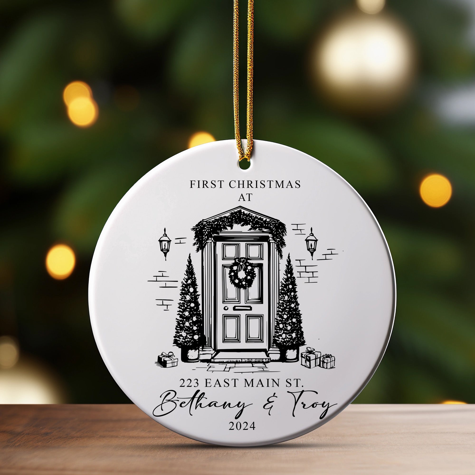 Elegant Personalized First Christmas Ceramic Ornament for Couples – Custom Address & Names, 2024 Keepsake - Image 3