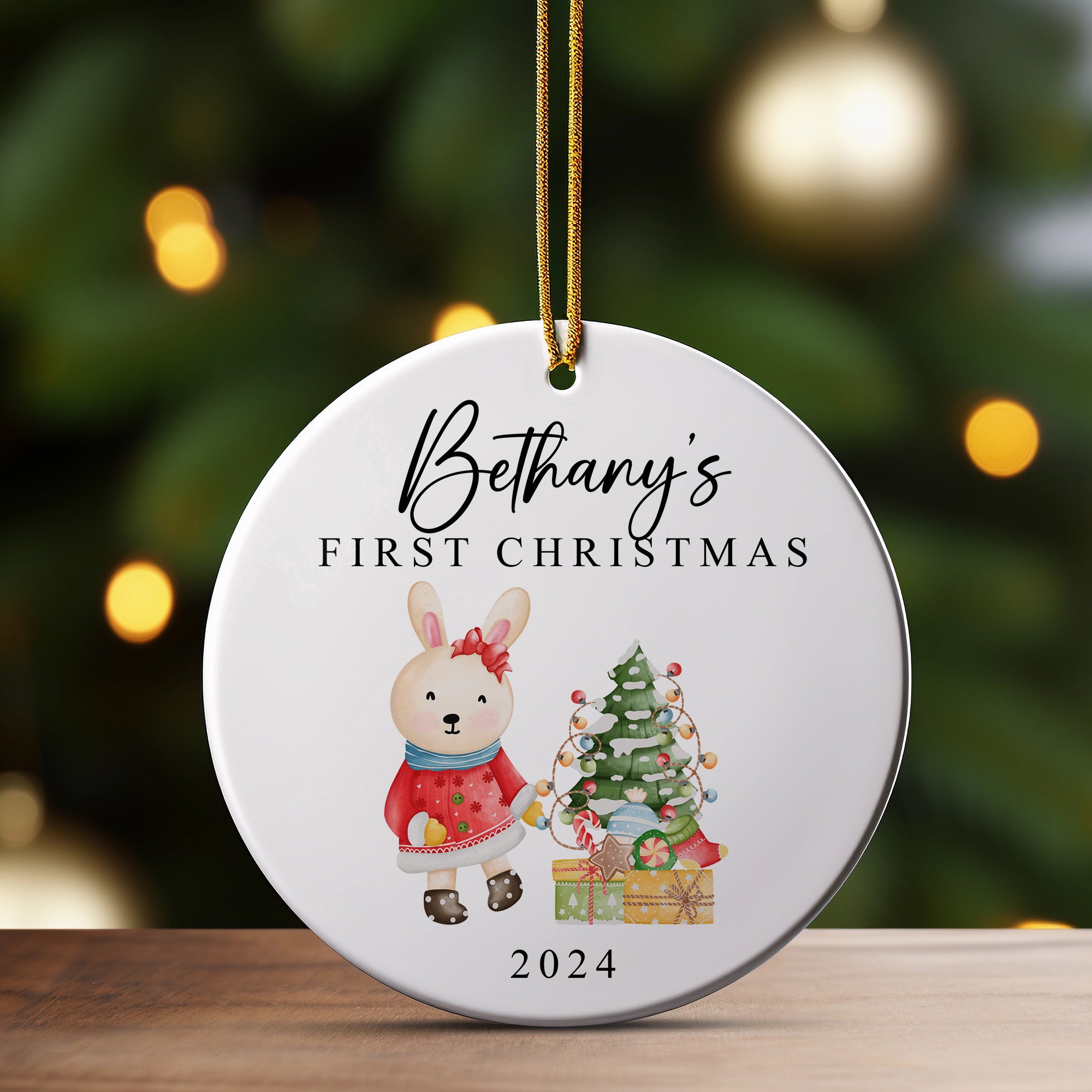 Personalized Baby’s First Christmas Ceramic Ornament – Custom Name Keepsake with Watercolor Bunny & Tree Design – 2024 Holiday Gift - Image 3