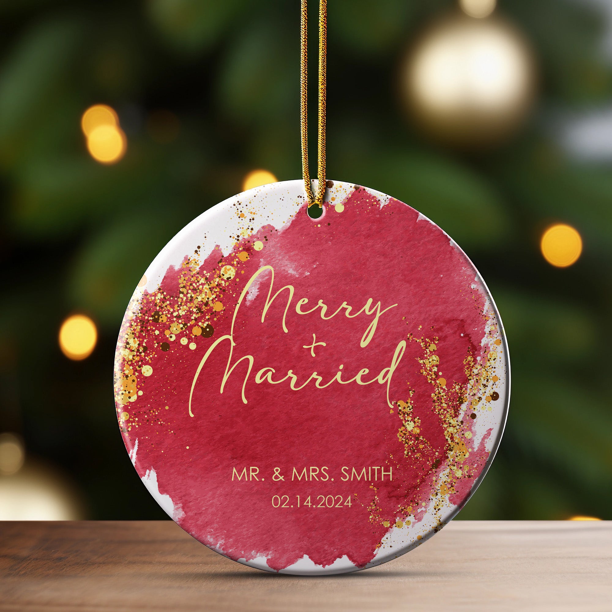 Personalized "Merry + Married" Ceramic Ornament - Unique Wedding Keepsake, Custom Date & Names - Image 3