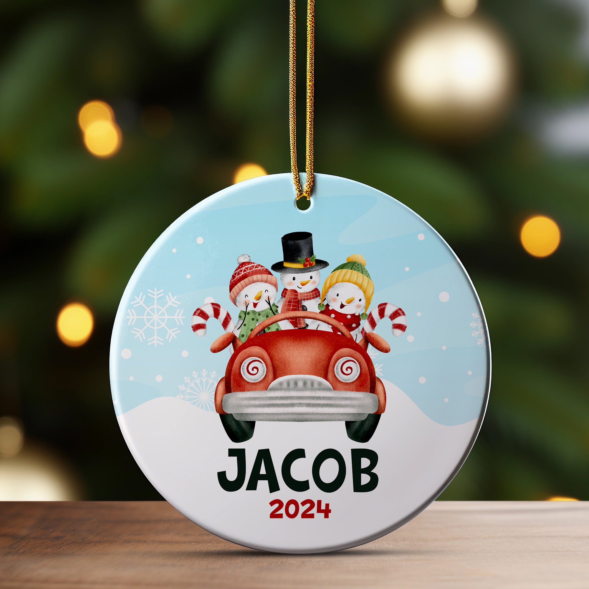 Personalized 2024 Ceramic Ornament with Snowman Family in Red Car - Custom Name Gift for Holidays - Image 3