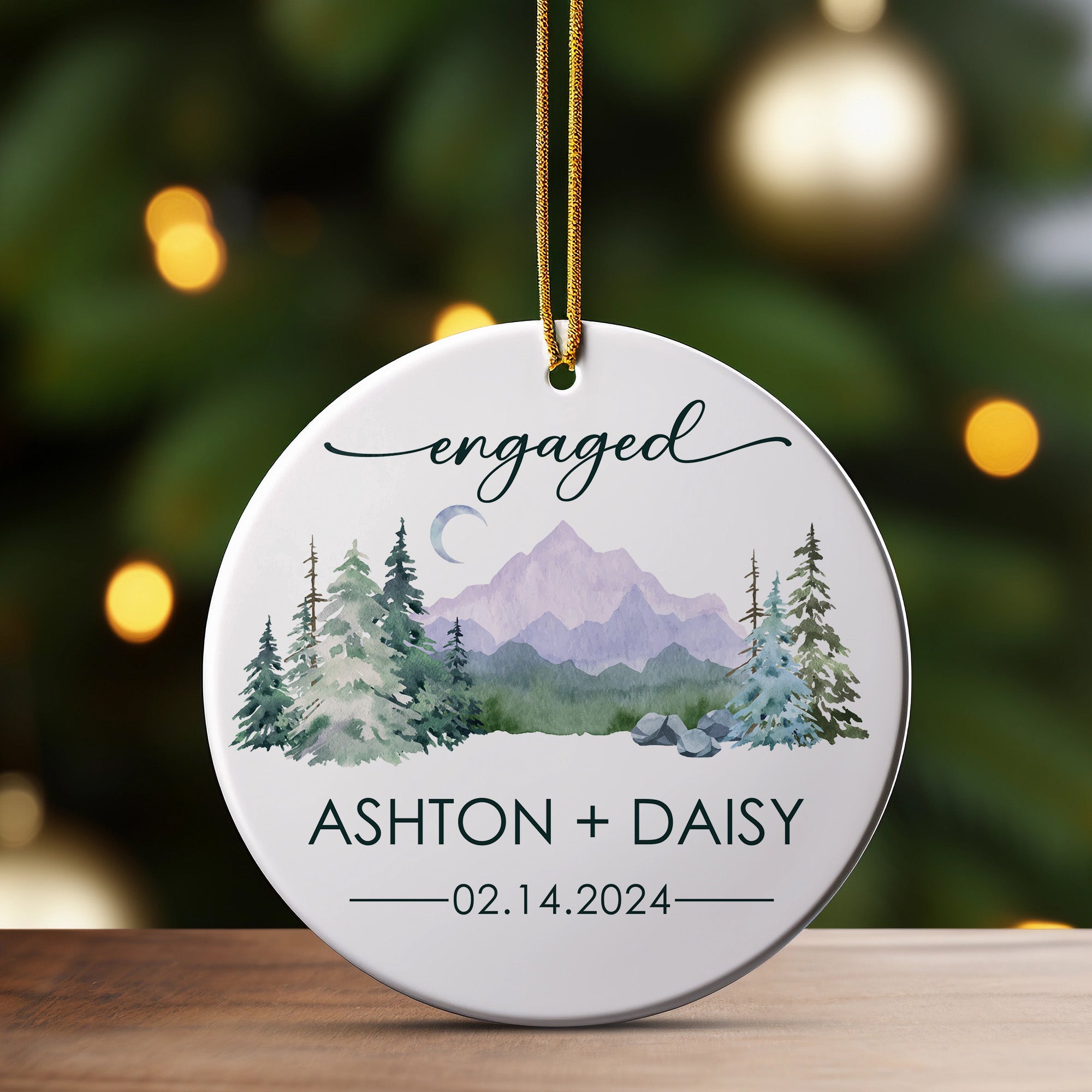 Personalized Engaged Ceramic Ornament – Custom Keepsake for Announcements, Featuring Rustic Mountain Design - Image 3