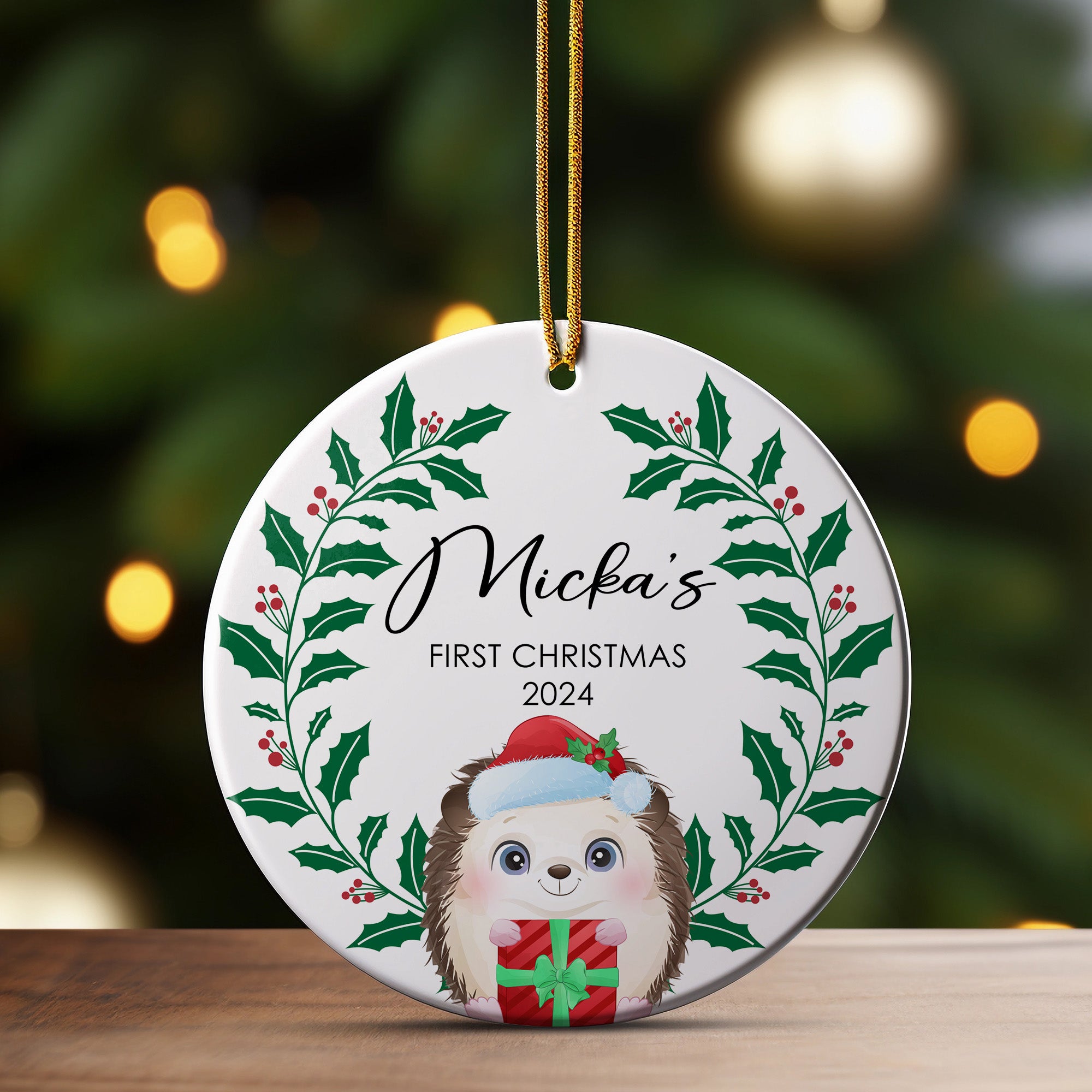 Personalized "First Christmas" Ceramic Ornament 2024 - Handcrafted Holly & Hedgehog Design - Image 3