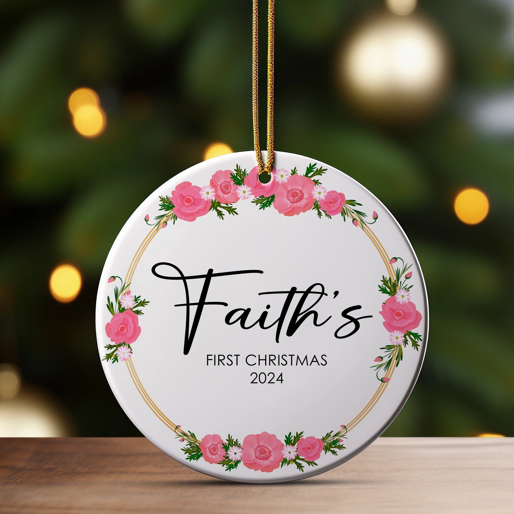 Personalized "Faith's First Christmas 2024" Ceramic Ornament with Pink Floral Design – Perfect Keepsake Gift for Newborns - Image 3