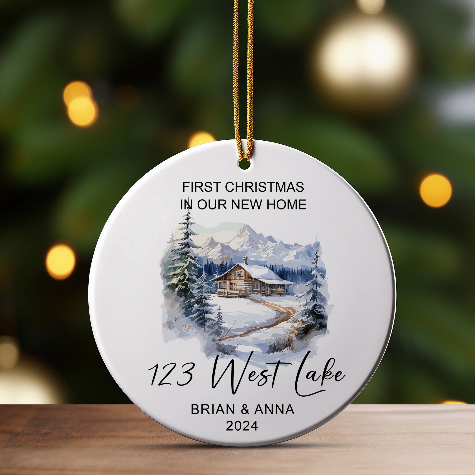 Personalized First Christmas in New Home Ceramic Ornament – Elegant Winter Cabin Design, Custom Names & Address, Heartfelt Keepsake for New Homeowners - Image 3