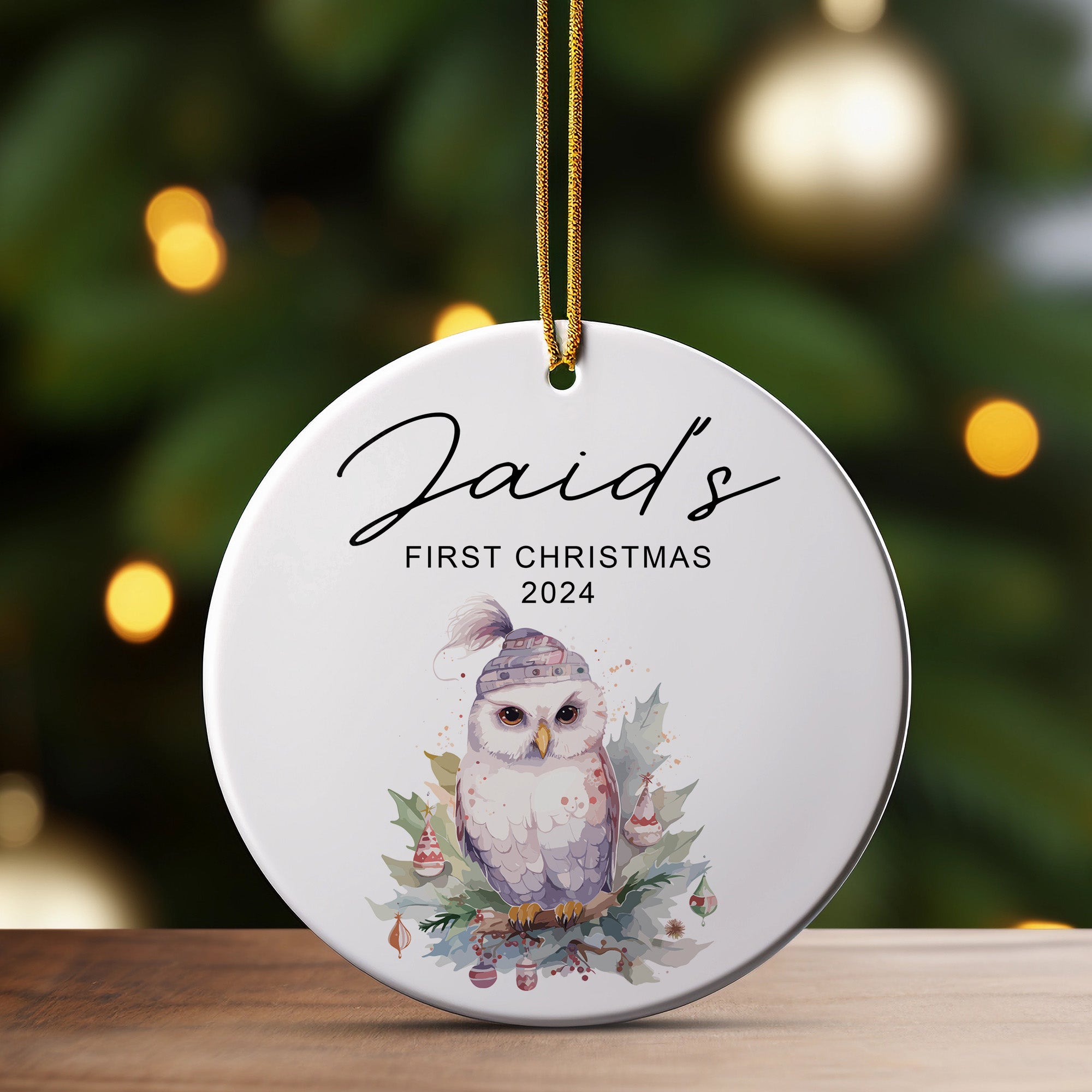 Personalized Baby's First Christmas Ceramic Ornament 2024 - Custom Name Owl Design Keepsake - Image 3