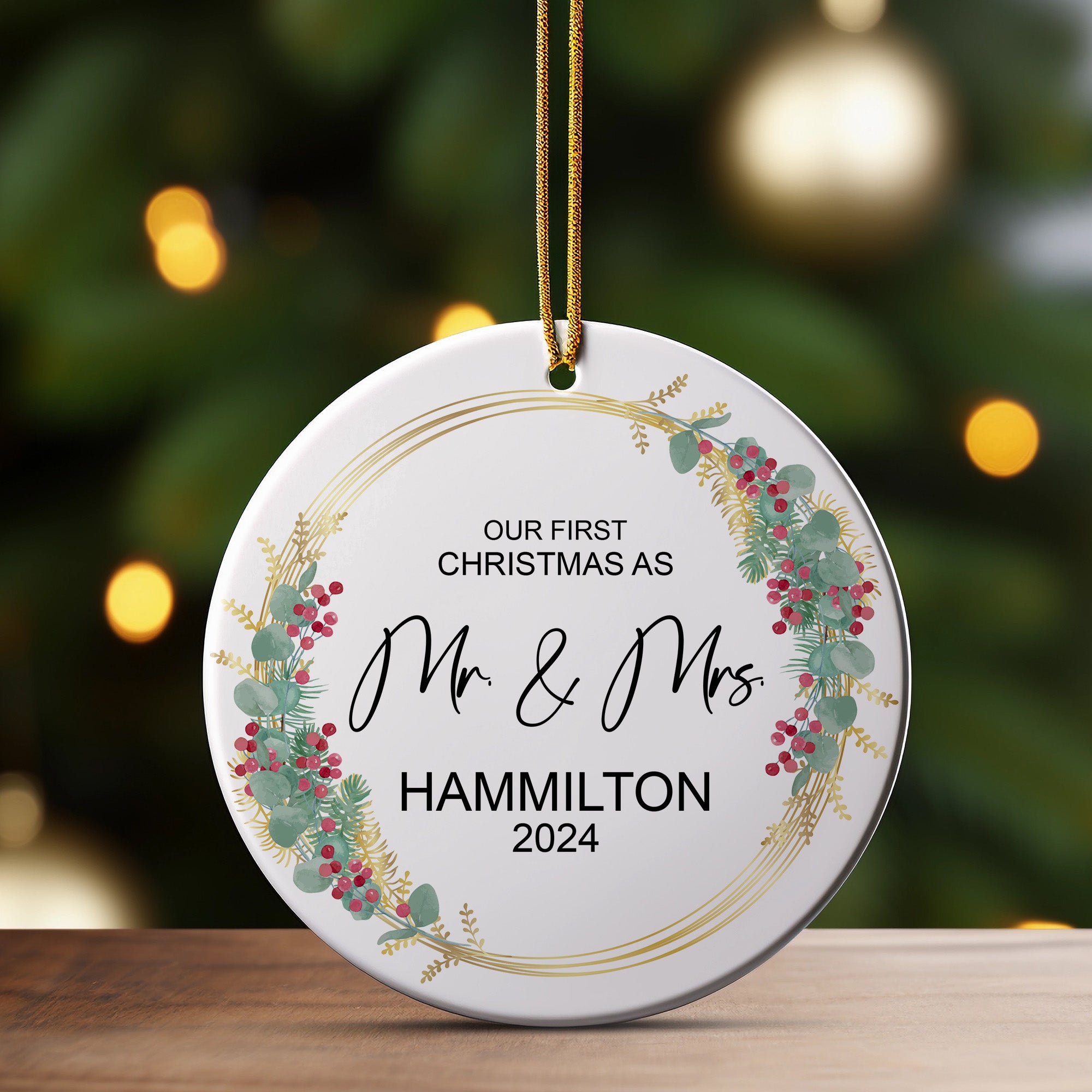 Personalized First Christmas as Mr. & Mrs. Ceramic Ornament - Custom Wedding Keepsake 2024 - Image 3