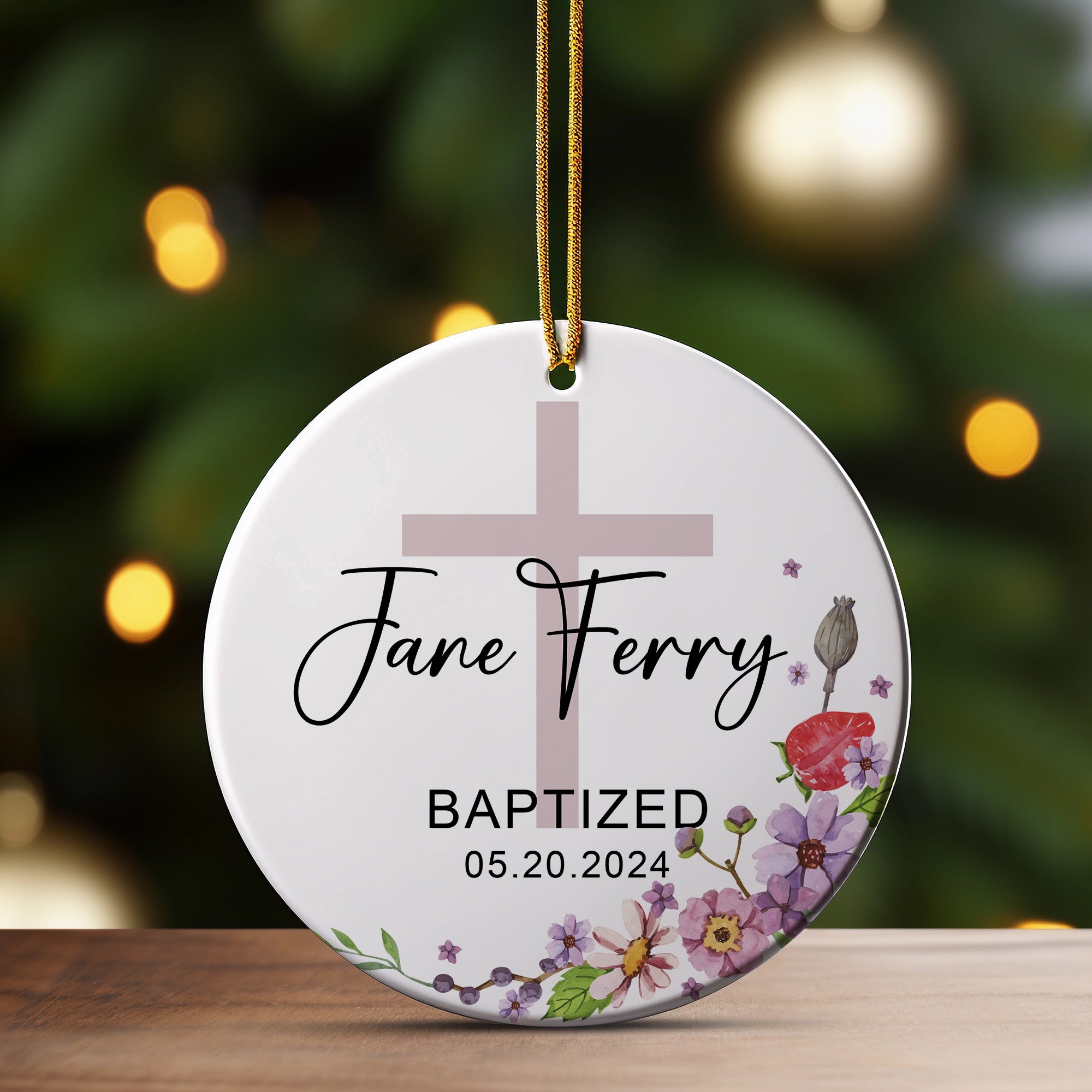 Personalized Floral Baptism Ceramic Ornament for Baby - Custom Name and Date Keepsake Gift - Image 3