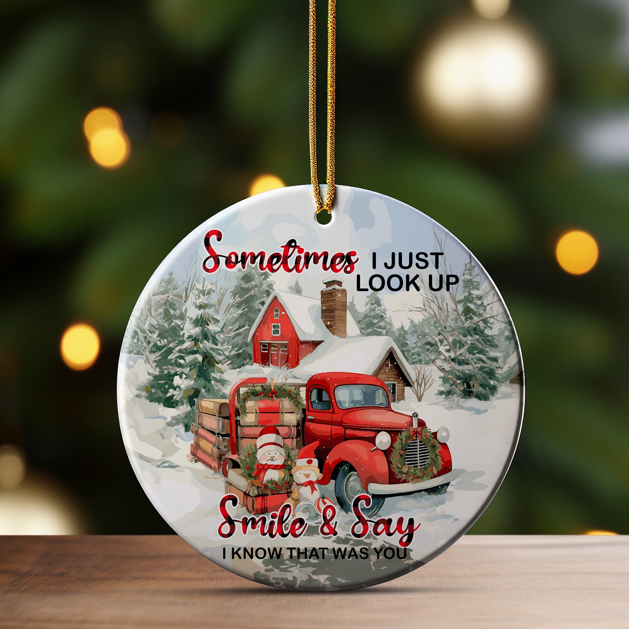 Personalized Memorial Christmas Ornament – Rustic Red Truck & Snowy Cabin Scene with Heartfelt Message – Perfect Gift for Remembering Loved Ones - Image 3