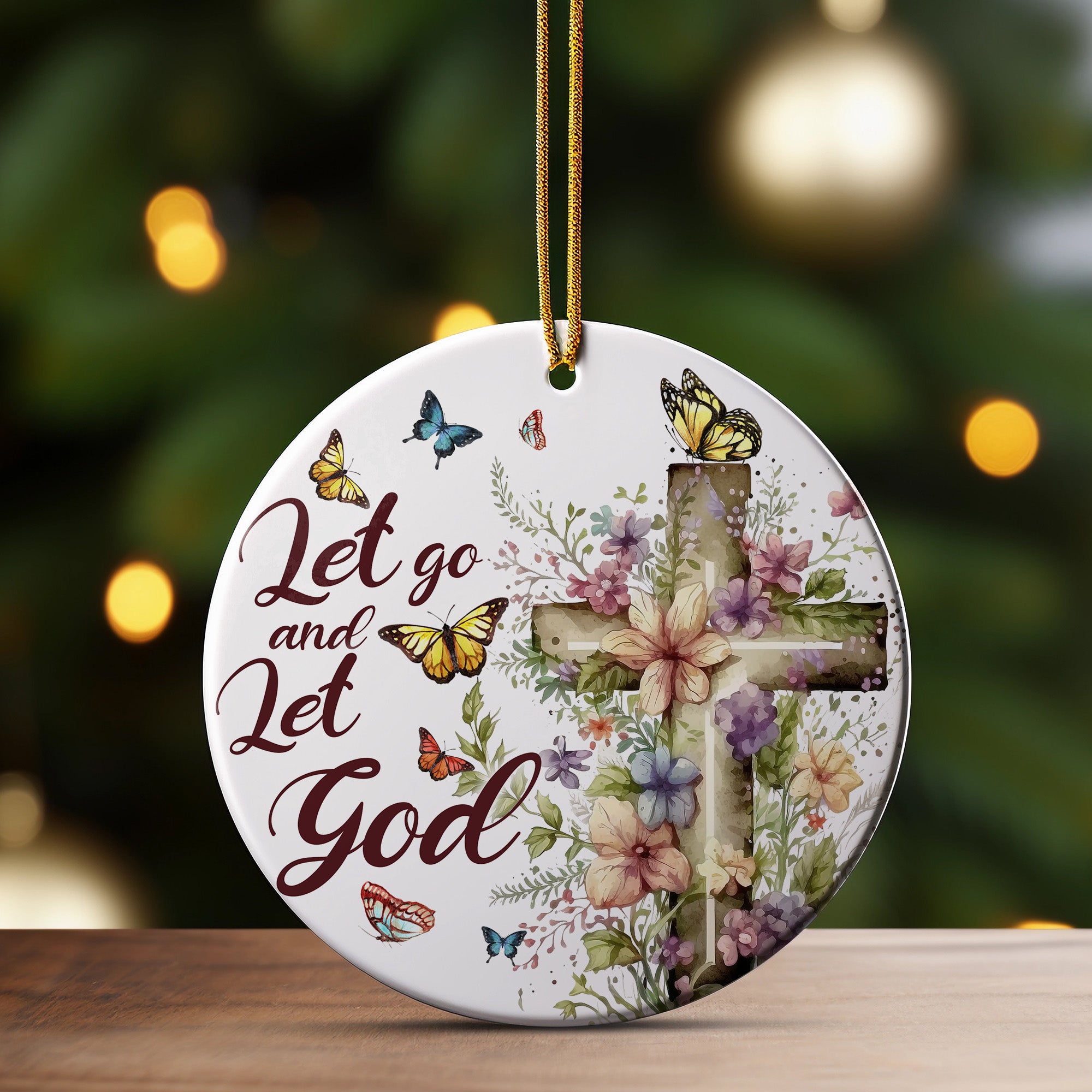 Personalized Floral Cross Ceramic Ornament – Inspirational "Let Go and Let God" with Butterflies – Perfect Gift for Spiritual Support and Home Decor - Image 3