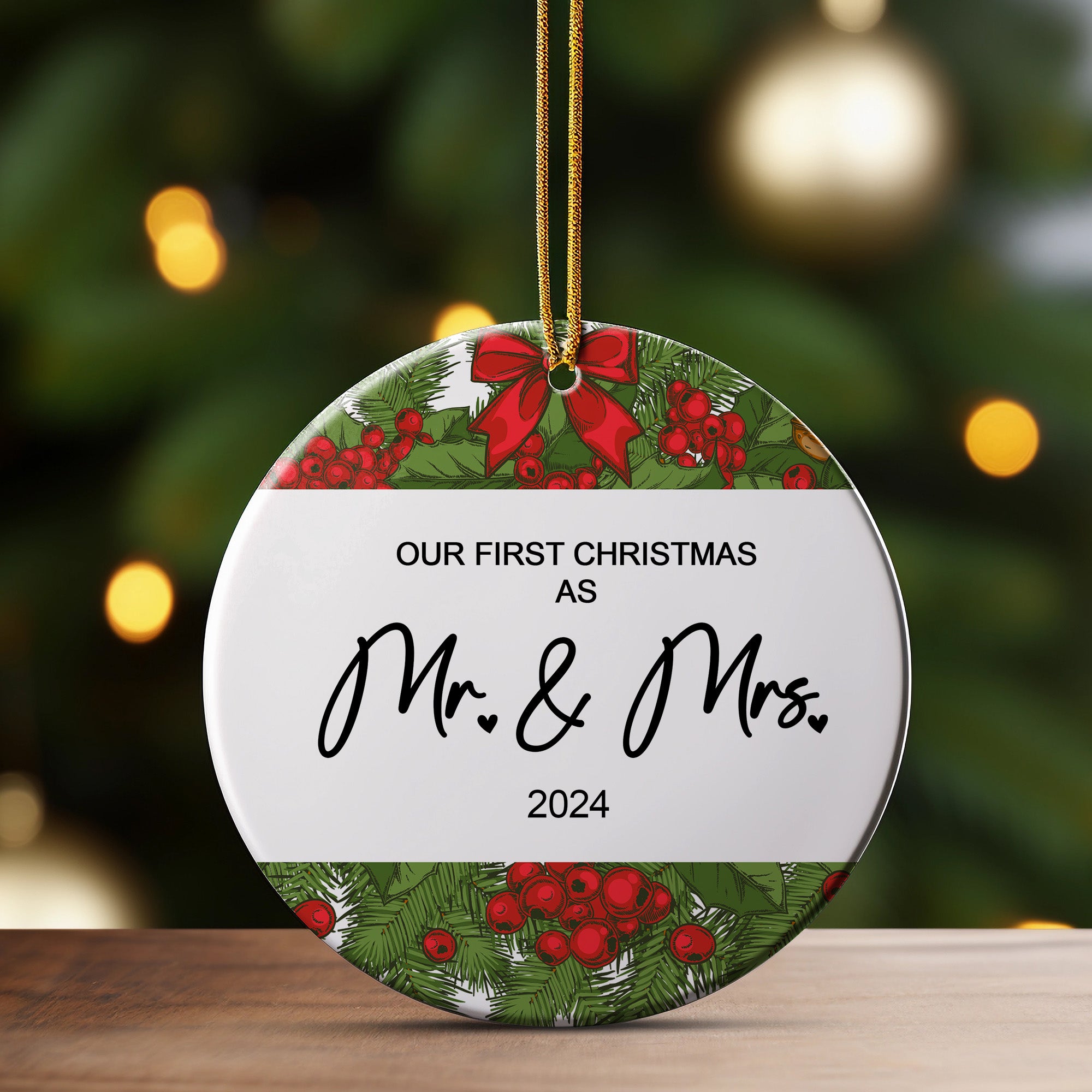Personalized "Our First Christmas as Mr. & Mrs." 2024 Ceramic Ornament – Customizable Keepsake for Newlyweds - Image 3
