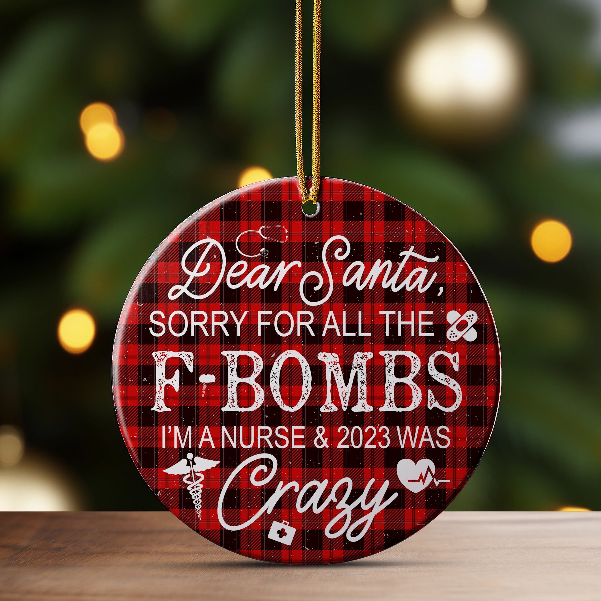 Personalized Nurse Christmas Ornament - Funny Plaid Ceramic Keepsake for Nurses - 2023 Holiday Humor Gift - Image 3