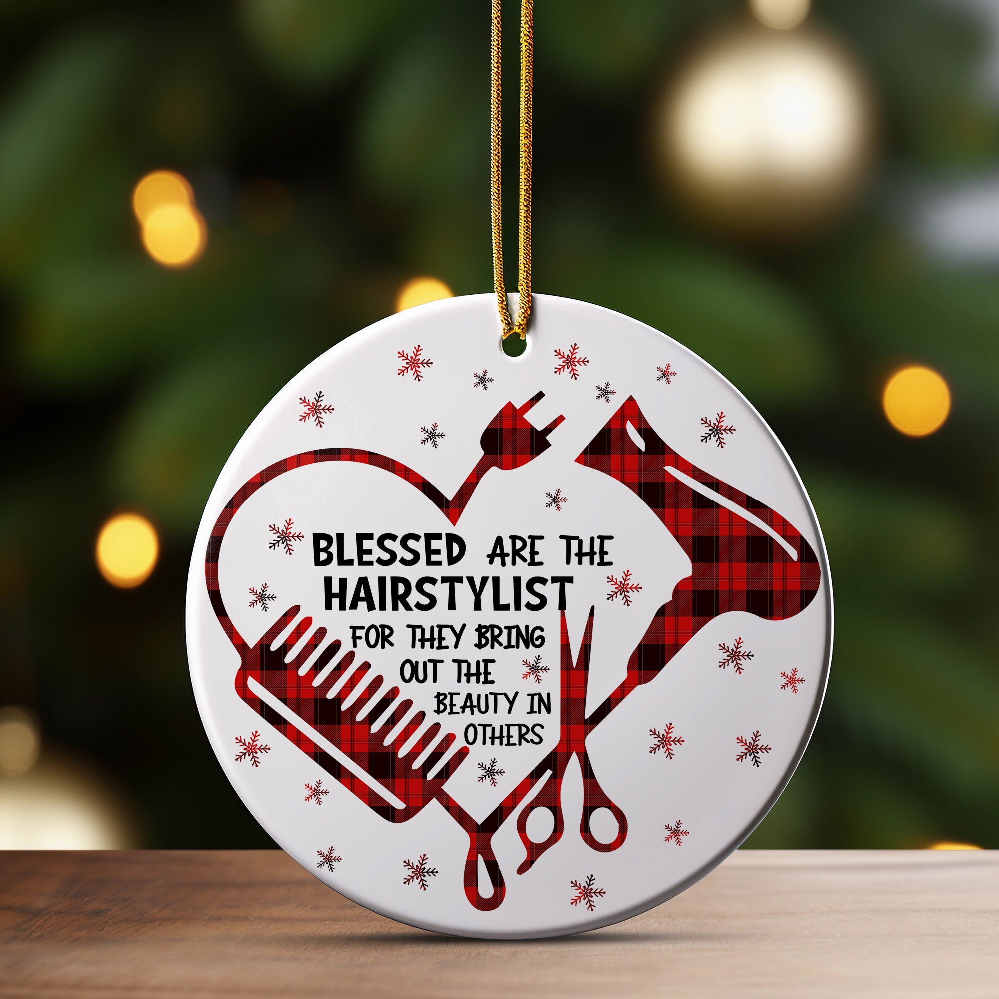 Custom Hairstylist Ceramic Ornament – Handcrafted Heart Design with Red Plaid Accents, Perfect Holiday Gift for Hair Professionals - Image 3
