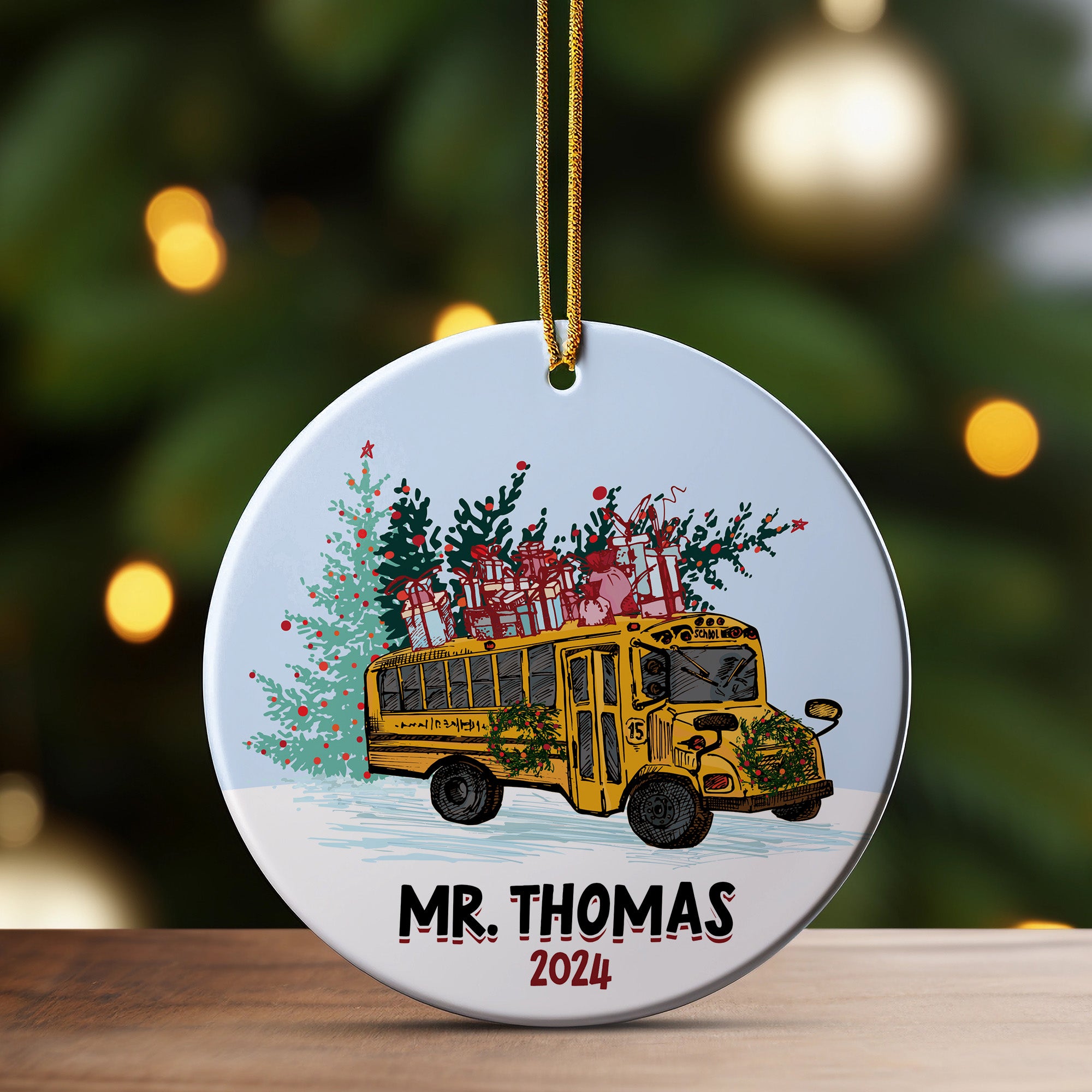 Personalized Ceramic Christmas Ornament with School Bus Design – Custom Teacher Gift 2024 – Unique Holiday Keepsake - Image 3