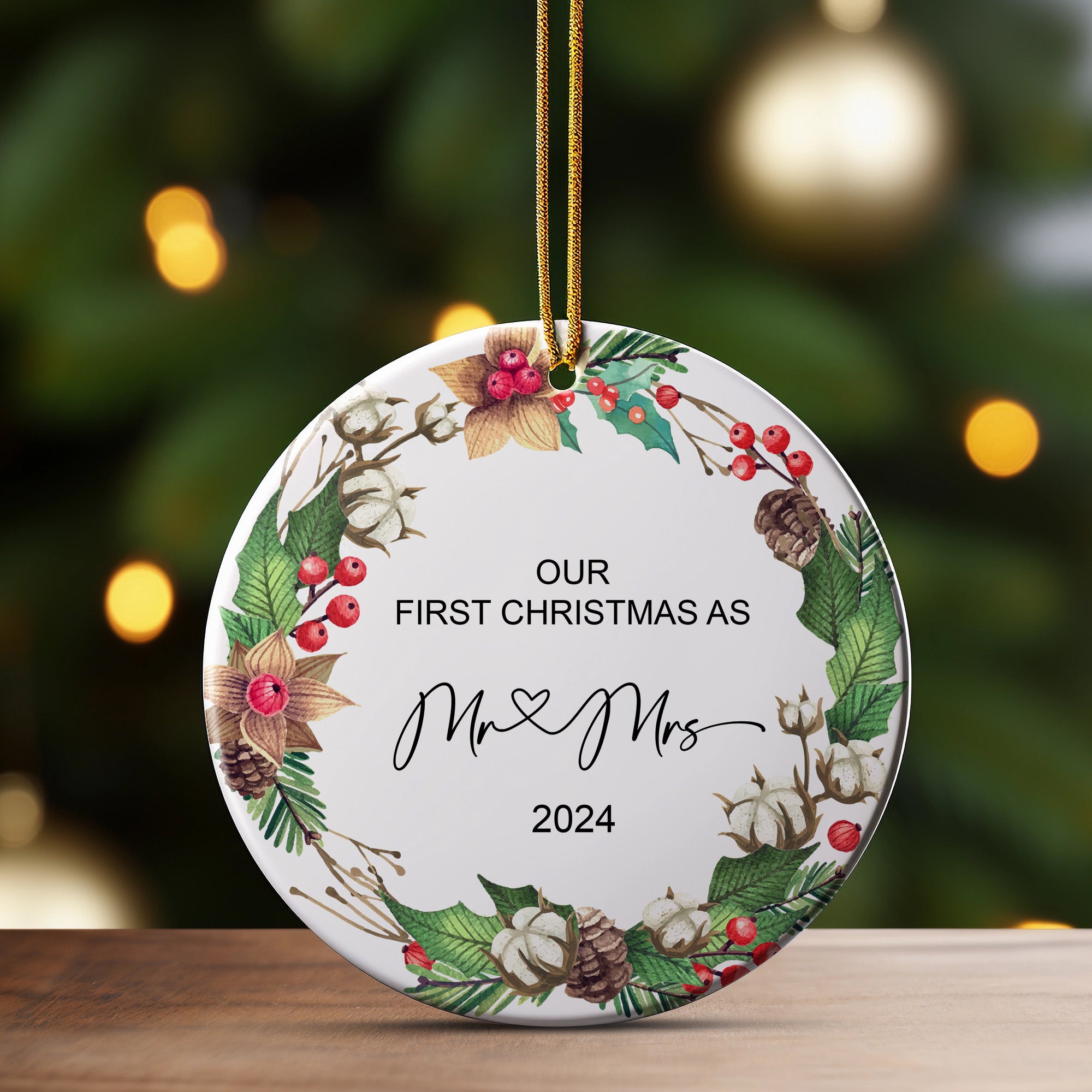 "Personalized 'Our First Christmas as Mr & Mrs' Ceramic Ornament – Custom Wedding Gift Keepsake for 2024 Holidays" - Image 3