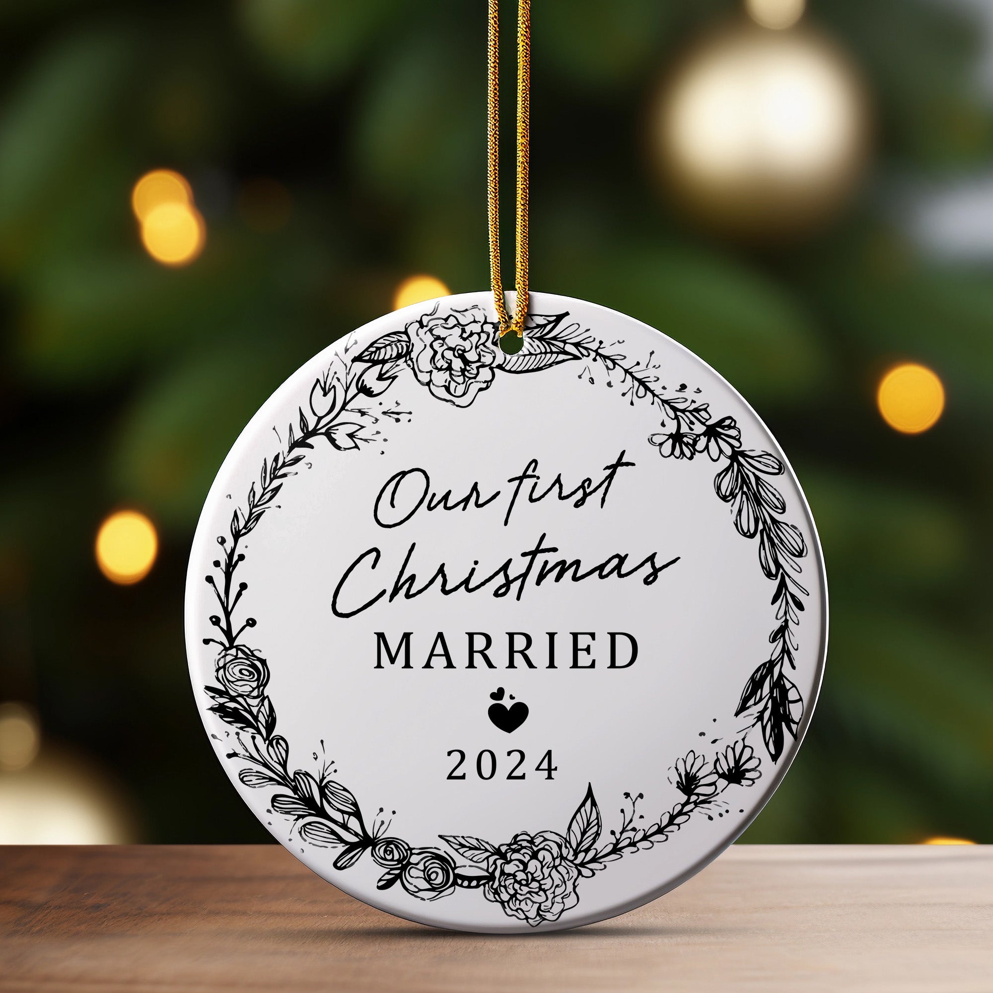 Personalized "Our First Christmas Married" 2024 Ceramic Ornament – Elegant Floral Design for Newlyweds - Image 3
