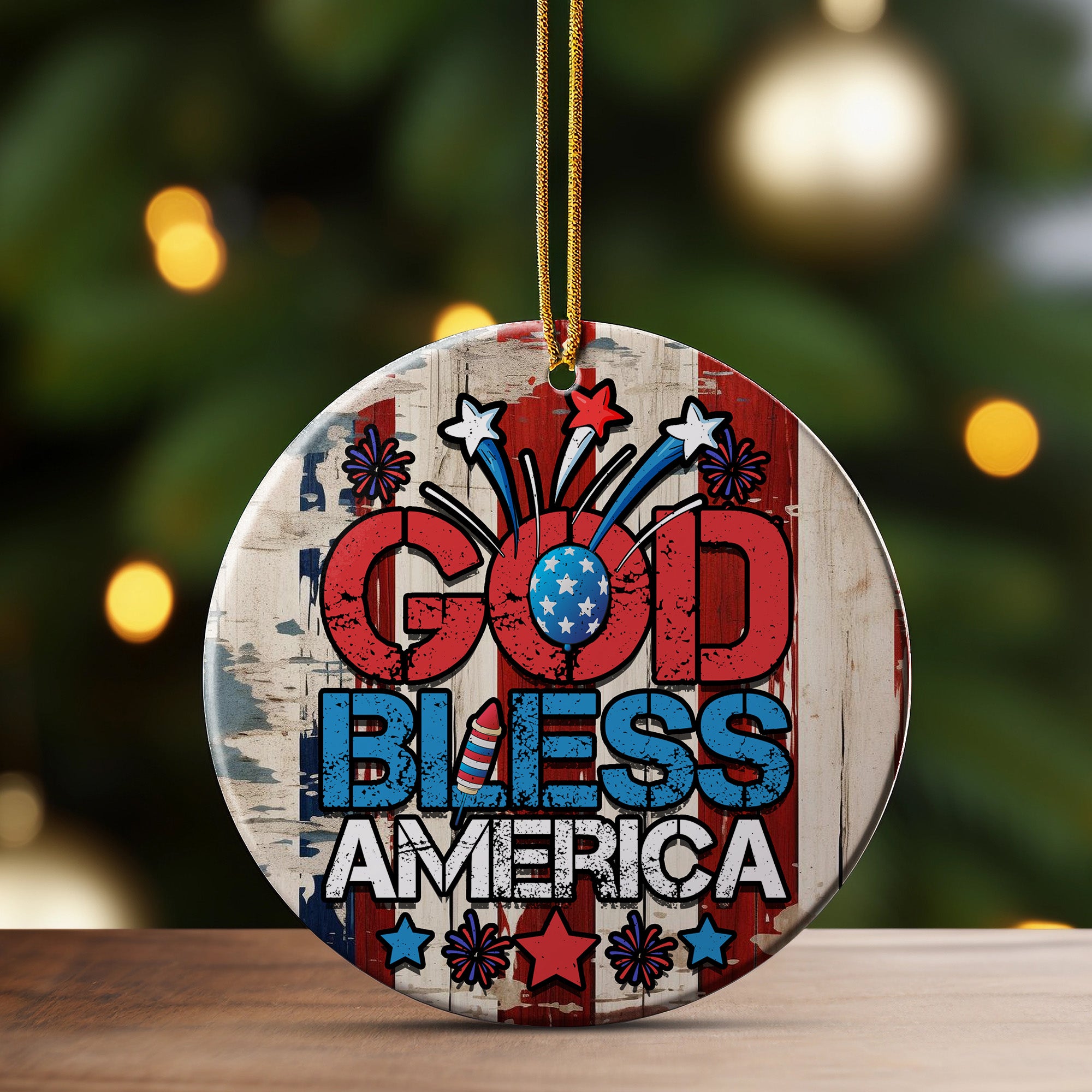 Personalized "God Bless America" Ceramic Ornament – Rustic Patriotic Decor with Custom Text for Holidays and Celebrations - Image 3