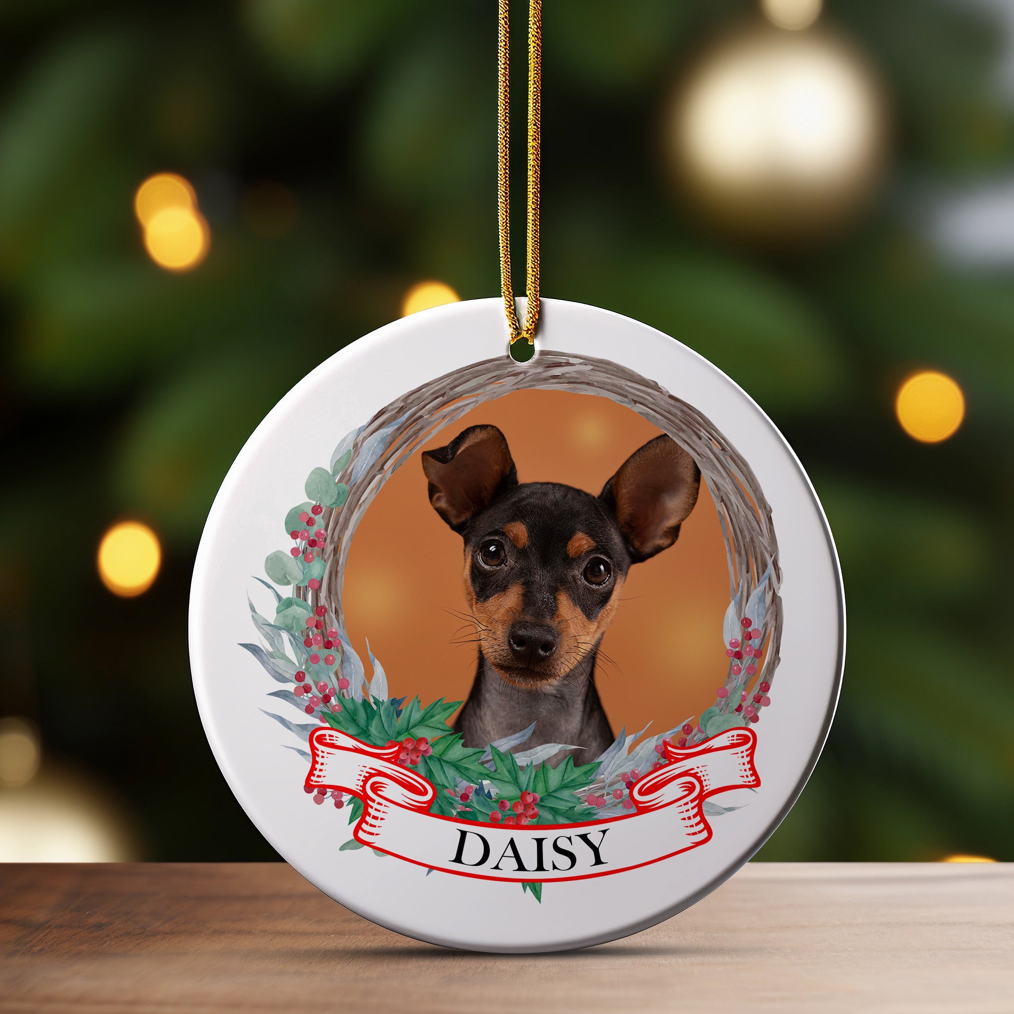 Personalized Ceramic Dog Photo Ornament with Festive Wreath Design – Perfect Pet Lover's Gift - Image 3