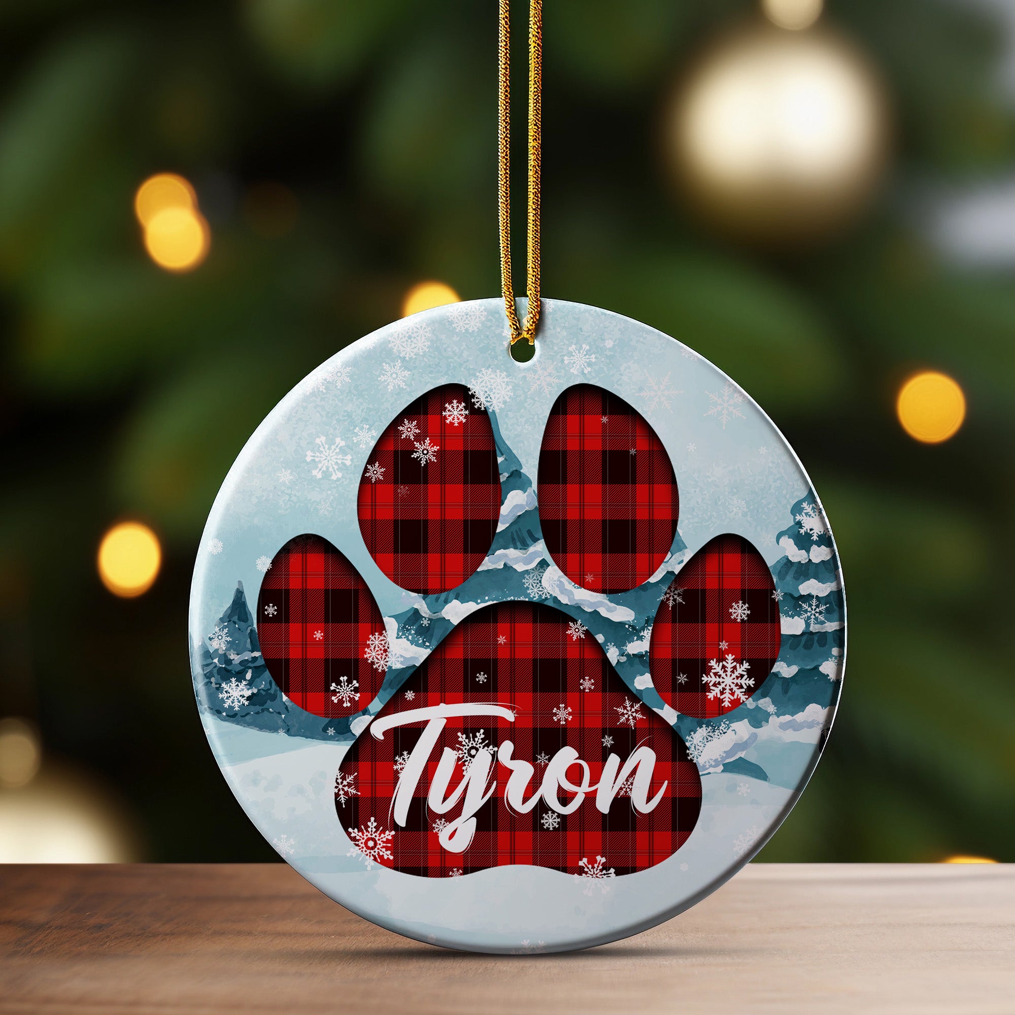 Personalized Paw Print Plaid Ceramic Ornament – Custom Pet Name, Holiday Decor Gift for Dog Lovers - Image 3