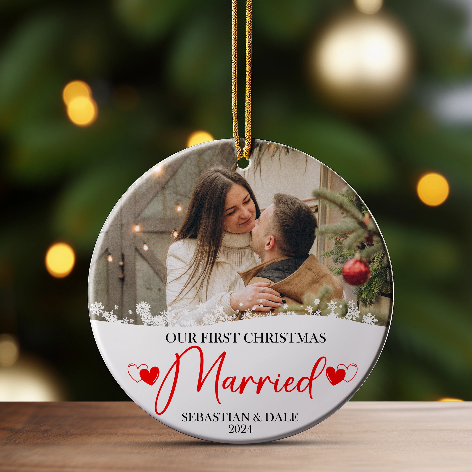 Personalized Our First Christmas Married Ceramic Ornament - Customizable Keepsake for Newlyweds, 2024 - Image 3