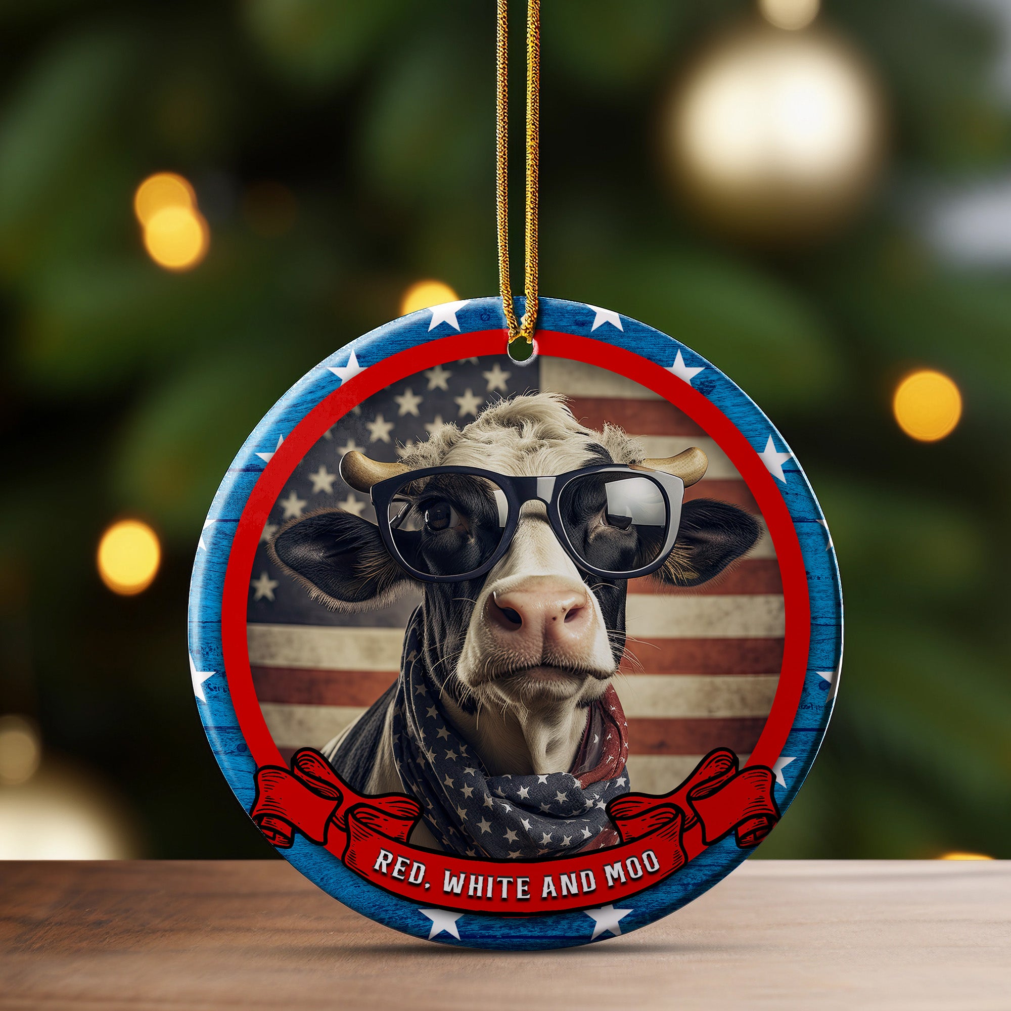 Patriotic Cow Ceramic Ornament - Red, White, and Moo! Personalized Décor for Animal Lovers - Image 3