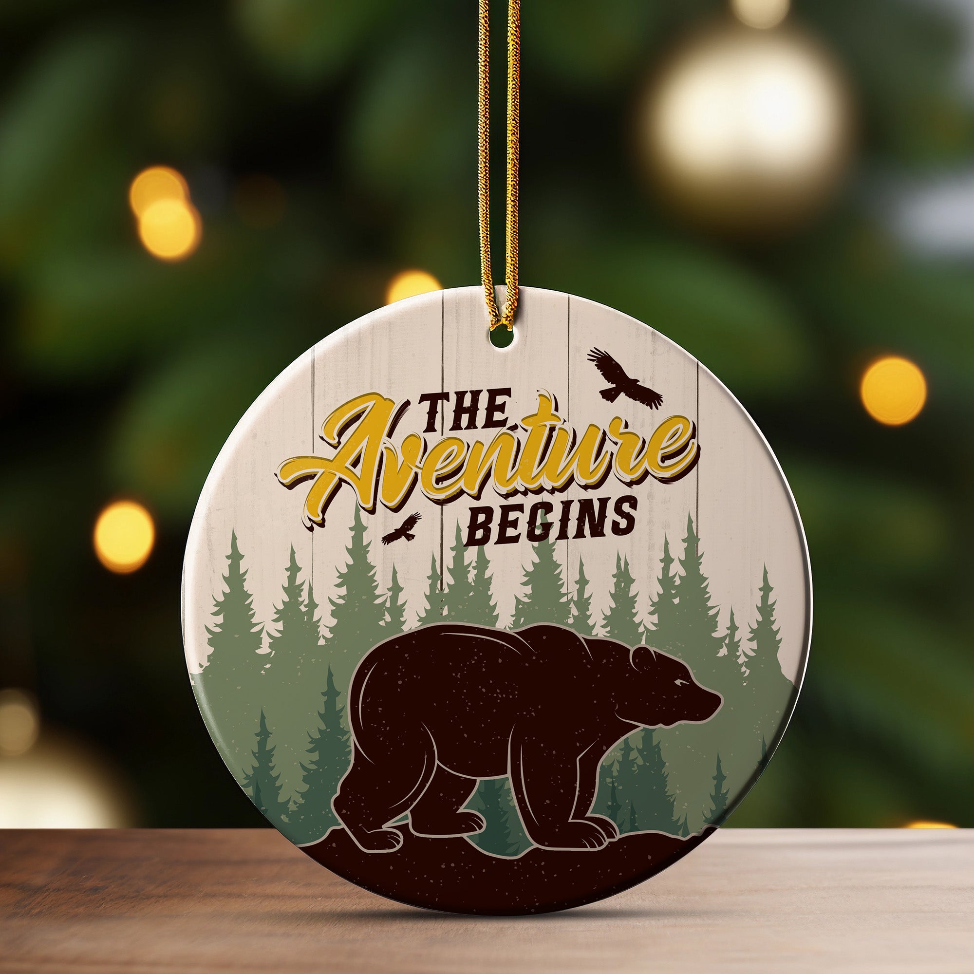 Personalized "The Adventure Begins" Ceramic Ornament - Forest Bear Design for Adventurous Spirits - Image 3