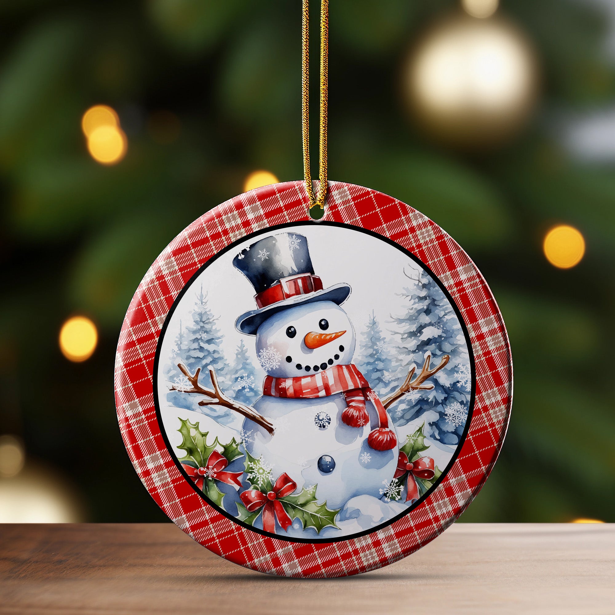 Personalized Snowman Ceramic Ornament - Customizable Holiday Keepsake with Festive Plaid Design - Image 3