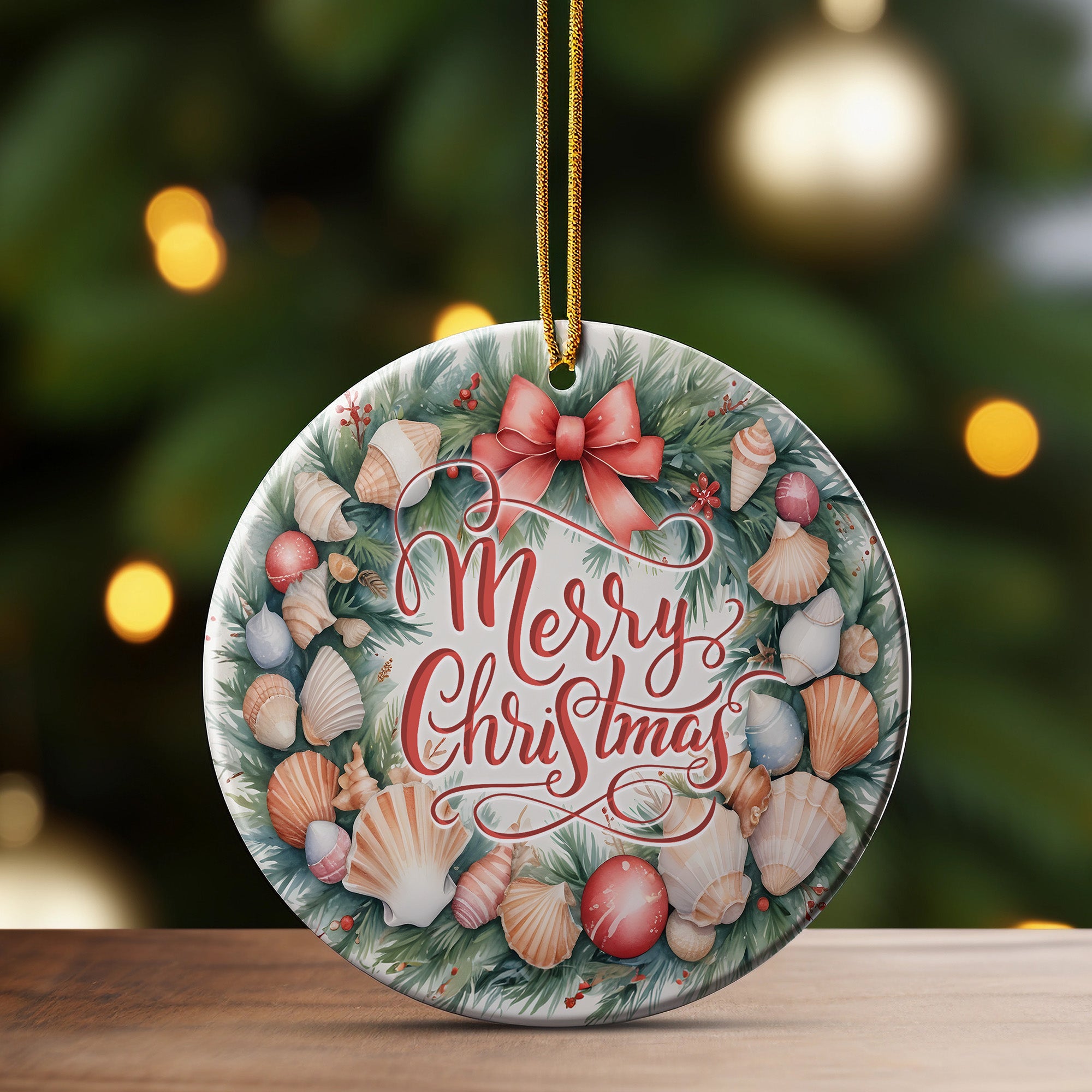 Personalized Merry Christmas Ceramic Ornament – Ocean Inspired Seashell Wreath with Festive Holiday Greeting - Image 3