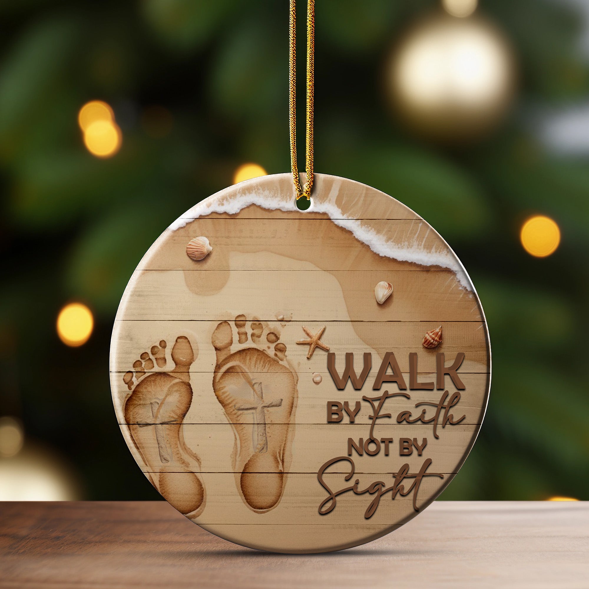 Personalized Footprints in the Sand Ceramic Ornament - "Walk by Faith" Beach Design - Perfect Inspirational Gift - Image 3
