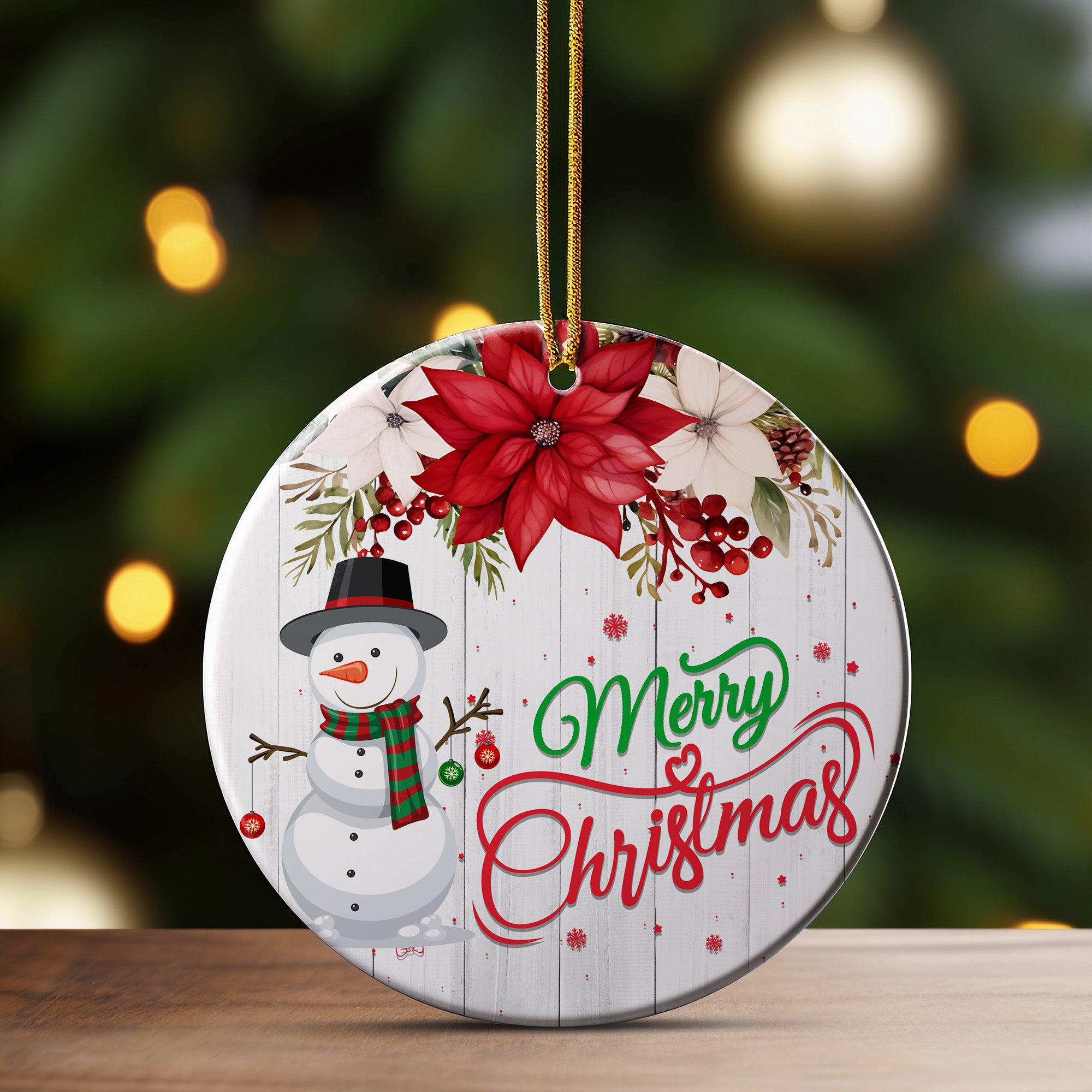 Personalized Merry Christmas Ceramic Ornament with Snowman and Poinsettia - Custom Holiday Decoration - Image 3