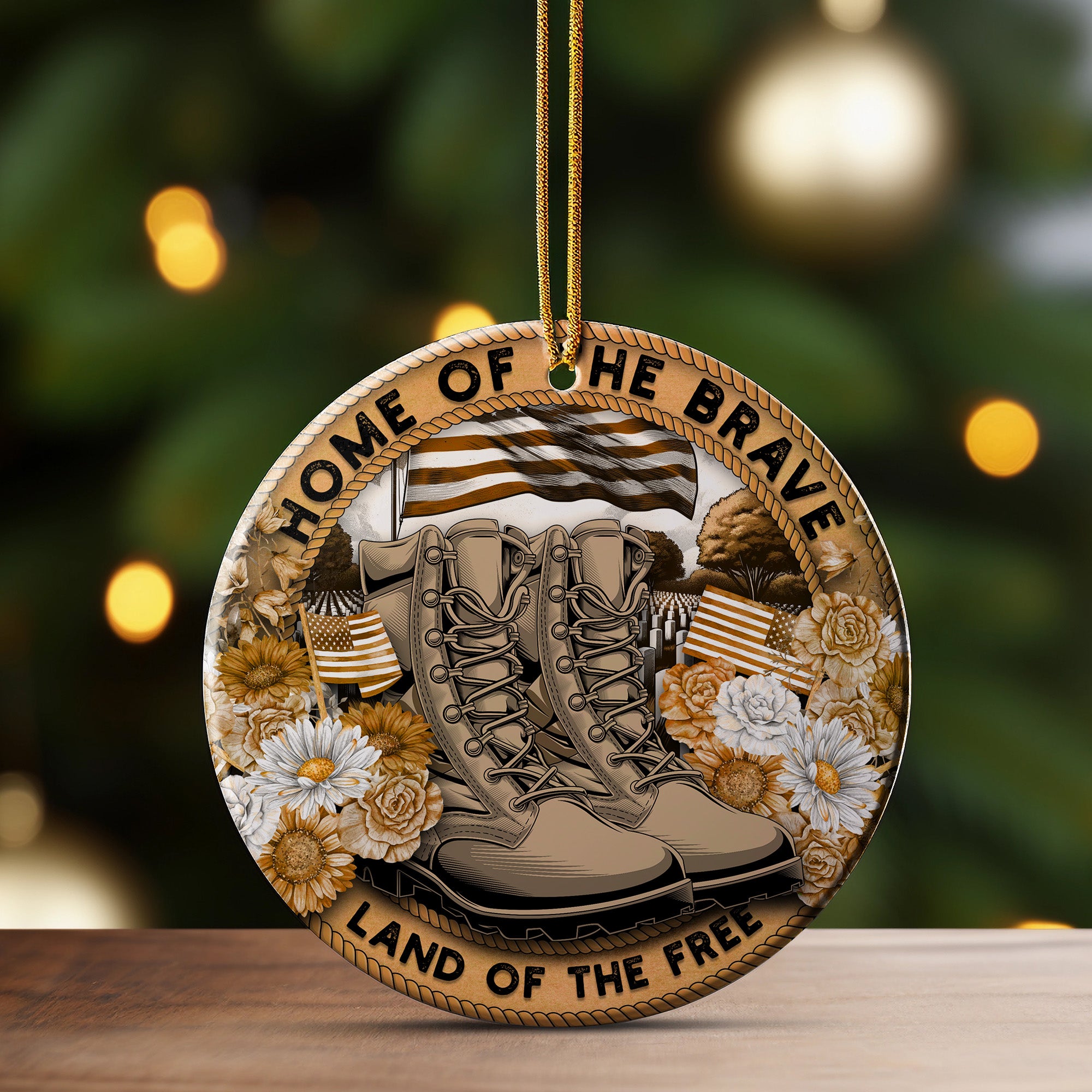 Personalized Ceramic Ornament - "Home of the Brave" Tribute with Military Boots and Floral Design - Image 3