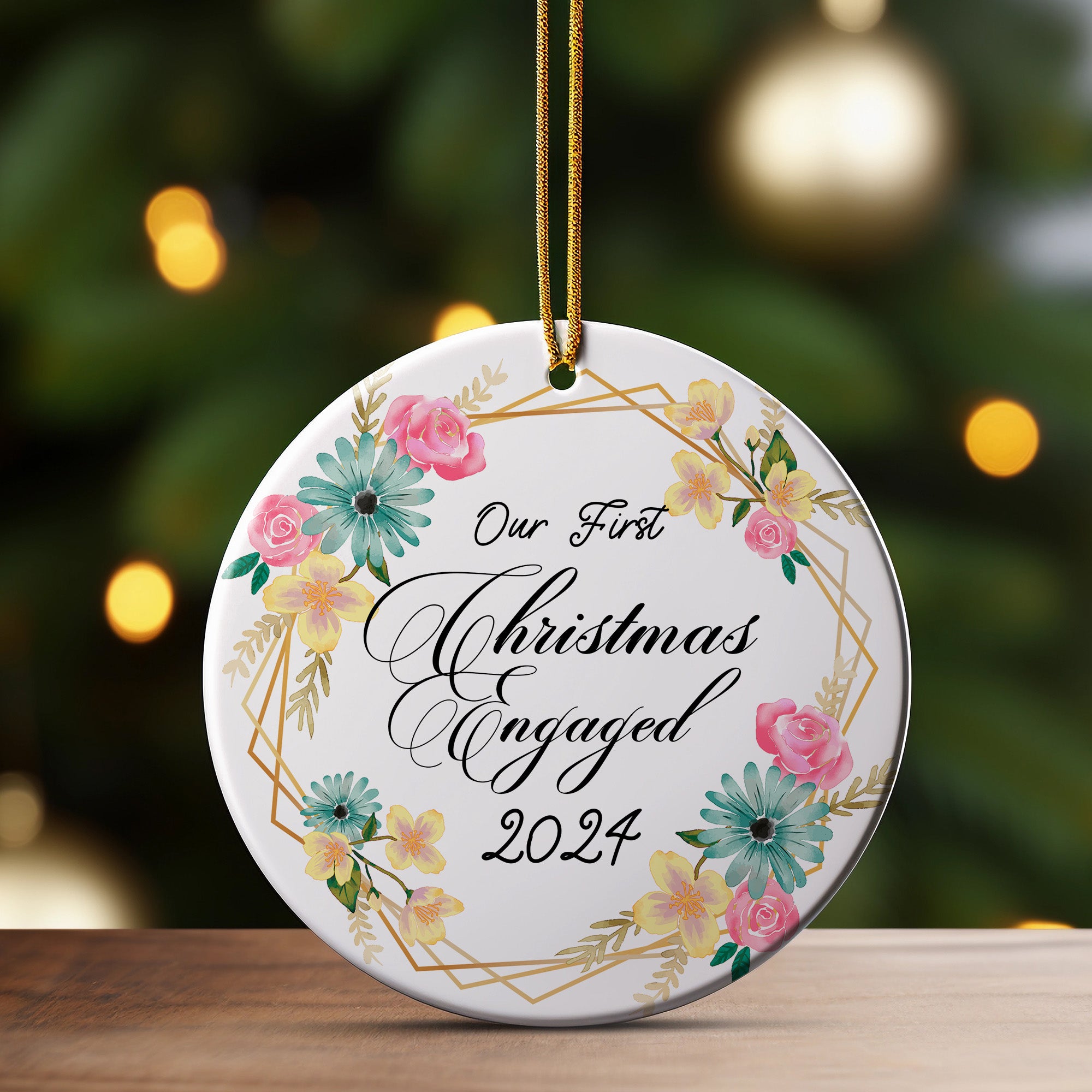 Personalized "Our First Christmas Engaged 2024" Ceramic Ornament - Handmade Floral Decor Keepsake - Image 3