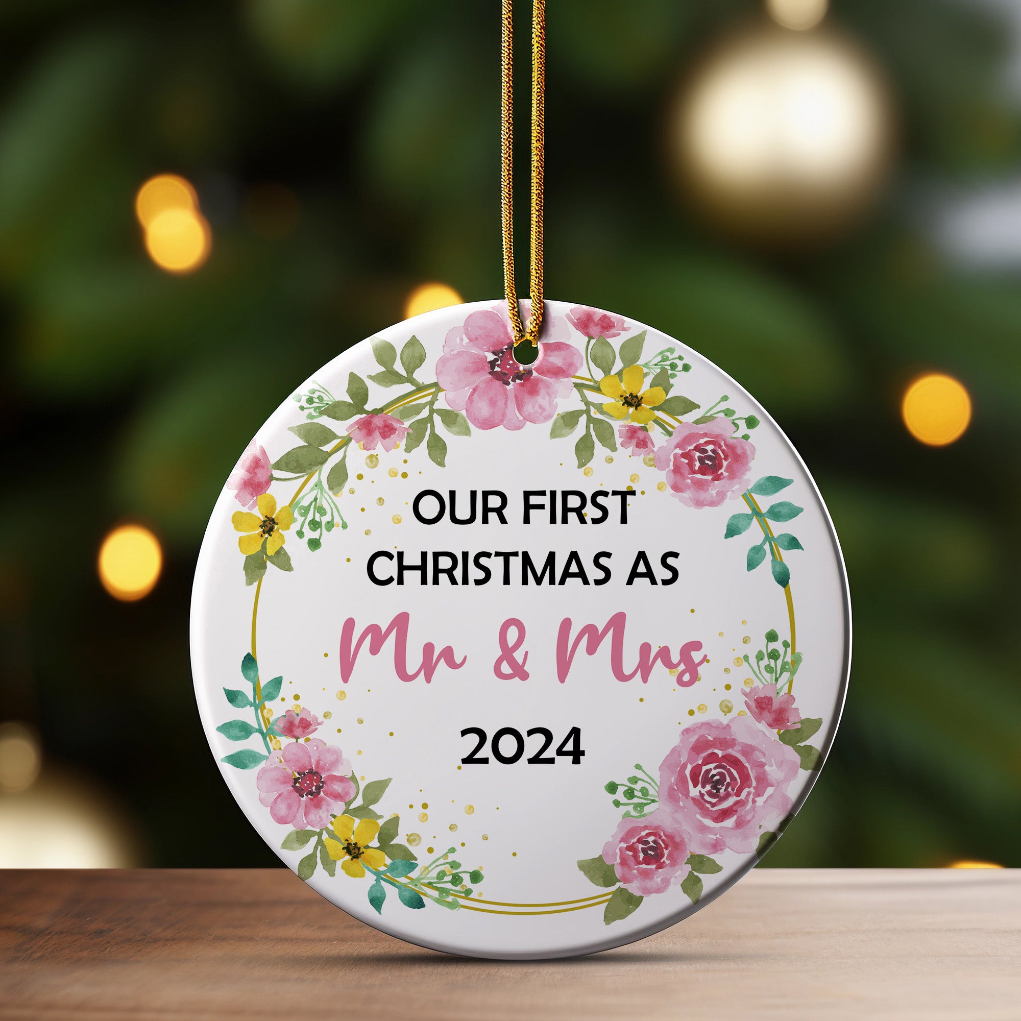 Personalized "Our First Christmas as Mr & Mrs" 2024 Ceramic Ornament - Handcrafted Floral Keepsake - Image 3