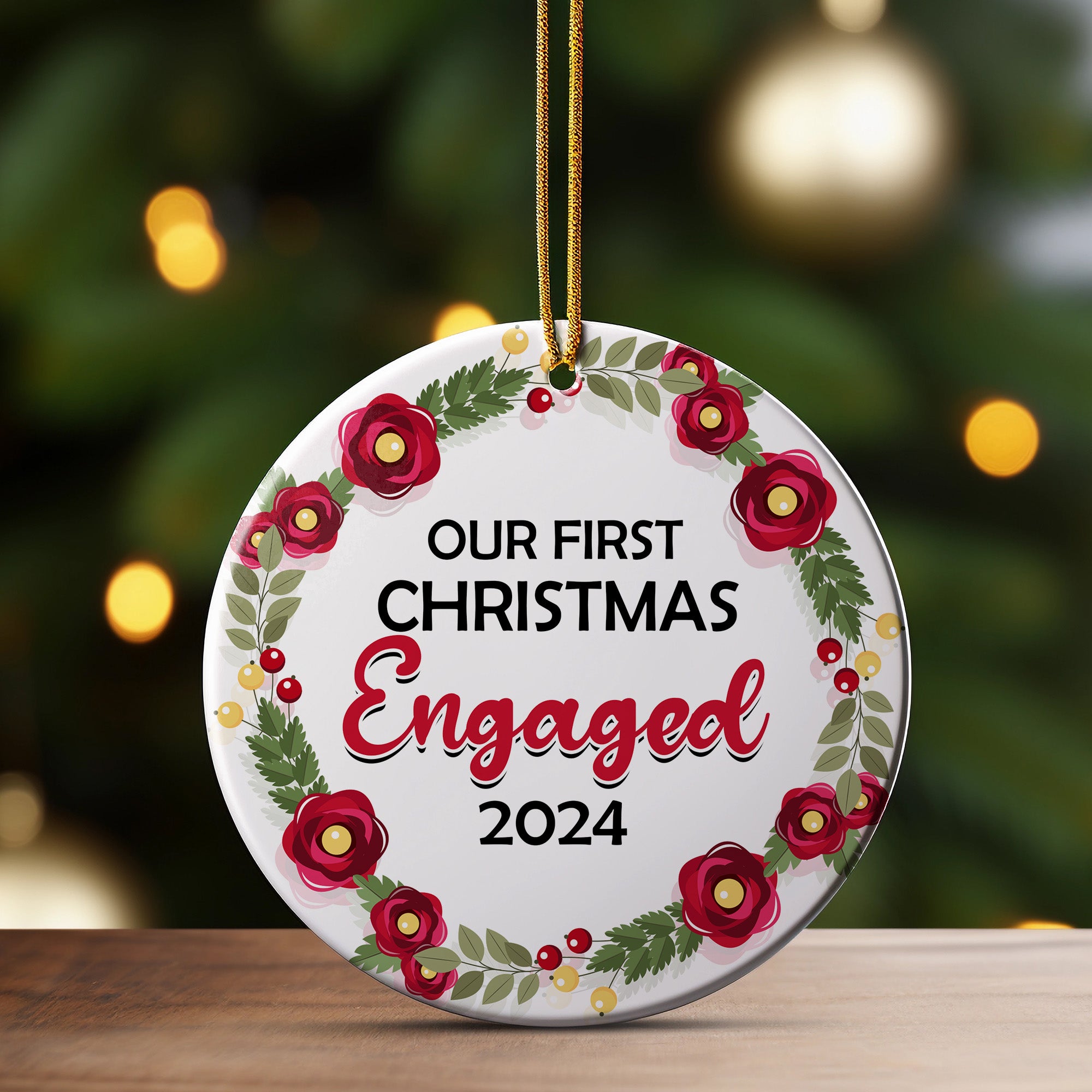 Personalized "Our First Christmas Engaged" Floral Ornament 2024 - Handcrafted Ceramic Keepsake for Couples - Image 3