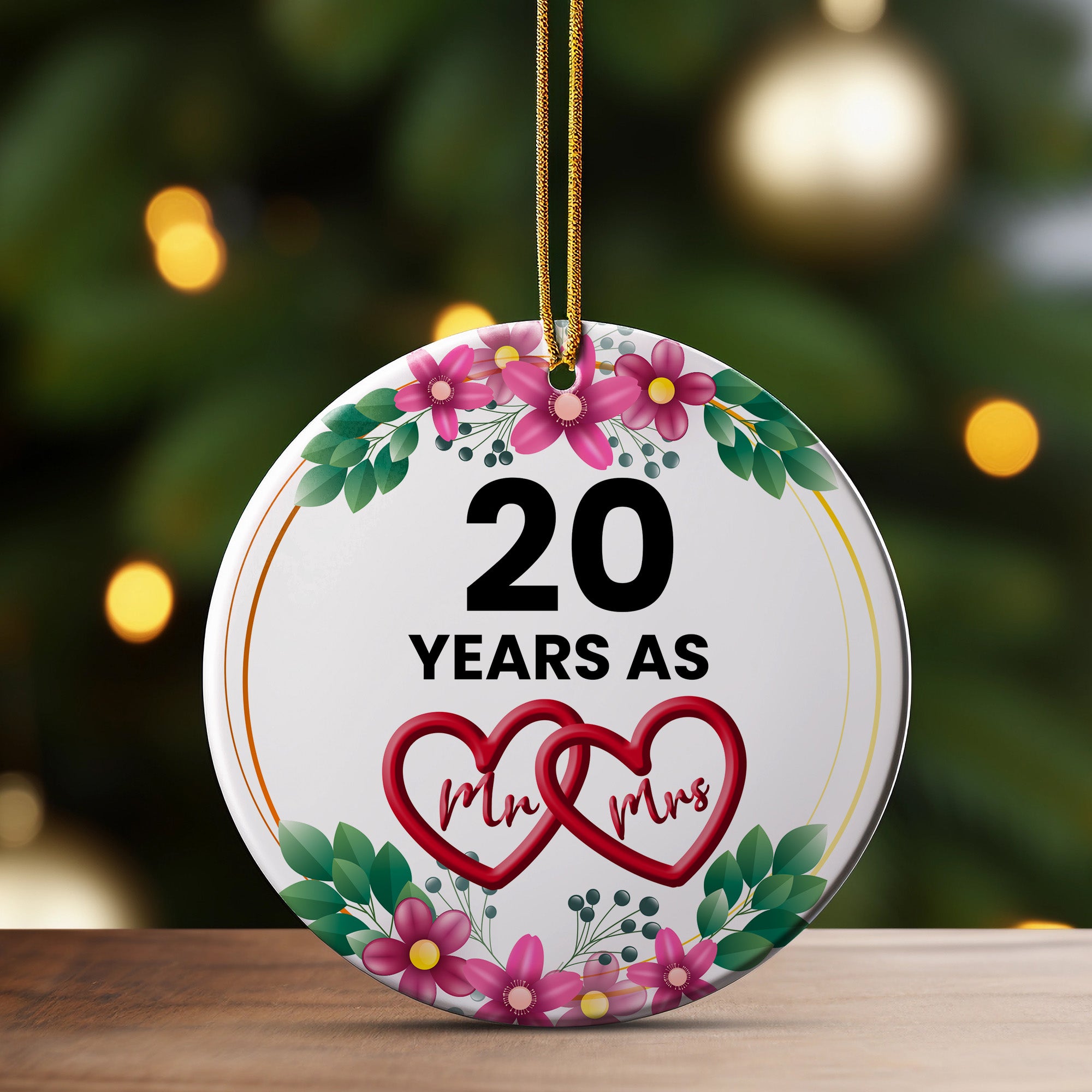 Celebrate 20 Years of Love with Our Personalized Floral Heart Mr & Mrs Ceramic Ornament – Perfect Anniversary Gift - Image 3