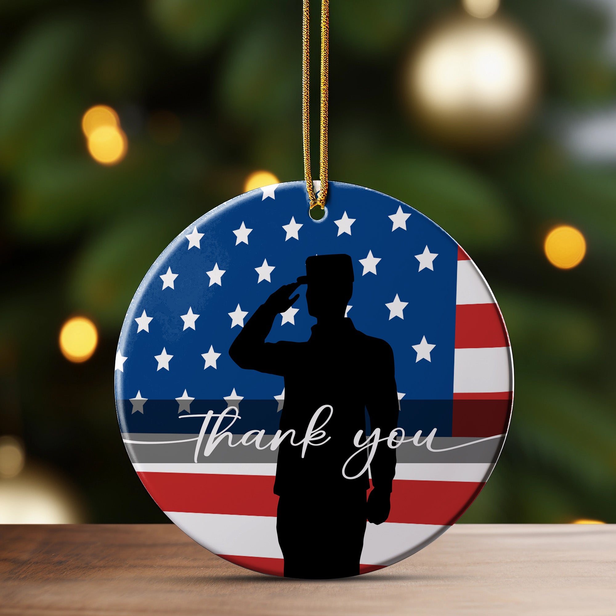 Personalized Patriotic Ceramic Ornament - Handmade USA Flag Design with Soldier Silhouette and Thank You Message - Perfect Veterans Day Gift - Image 3