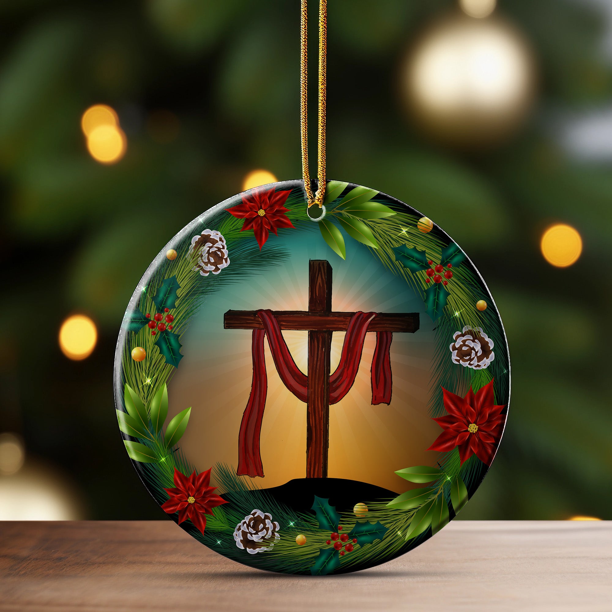 Personalized Radiant Cross Ceramic Ornament with Seasonal Wreath Design – Perfect Custom Gift for Faithful Celebrations - Image 3