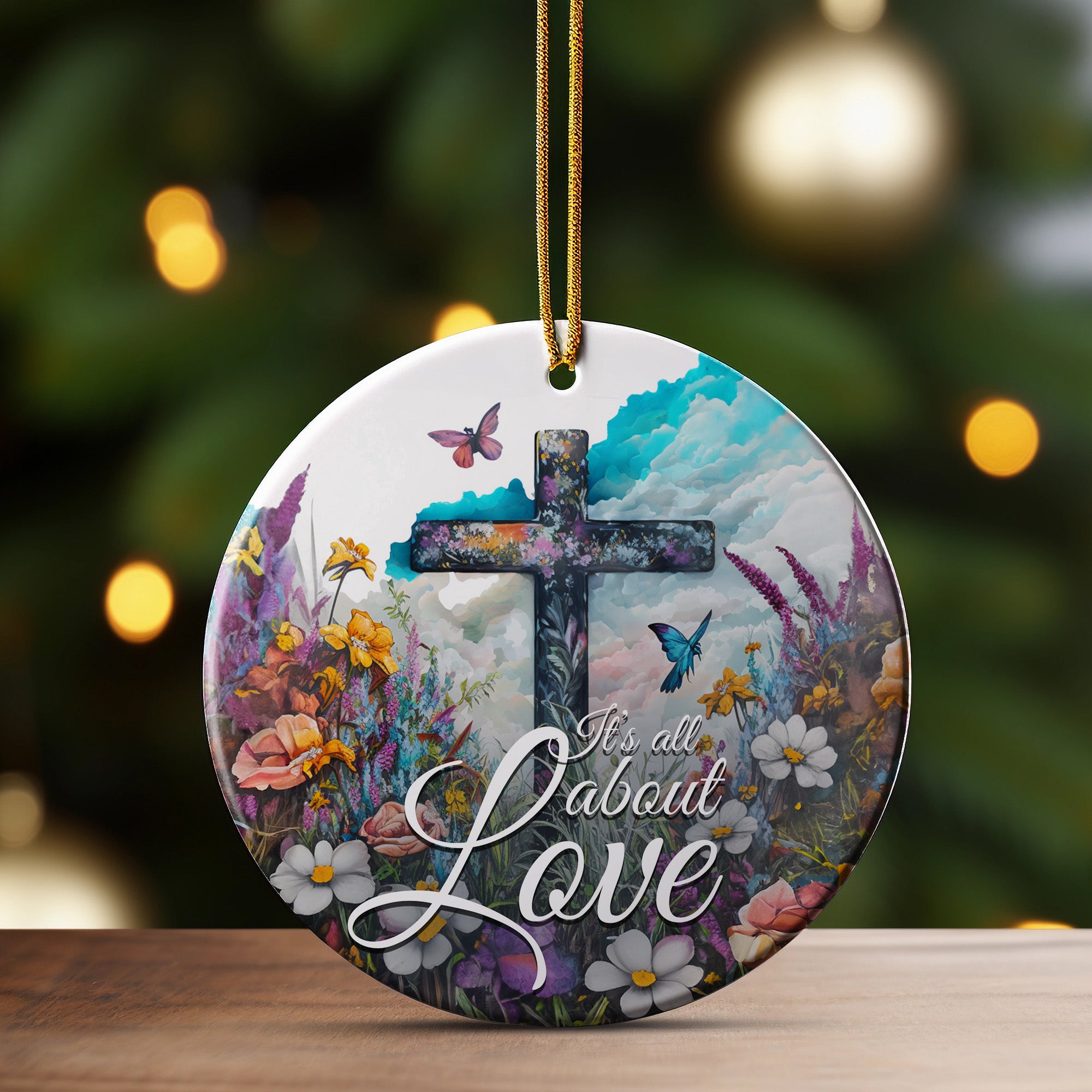 Personalized Floral Ceramic Ornament with Cross and Inspirational Quote – Customizable Gift for Special Occasions - Image 3